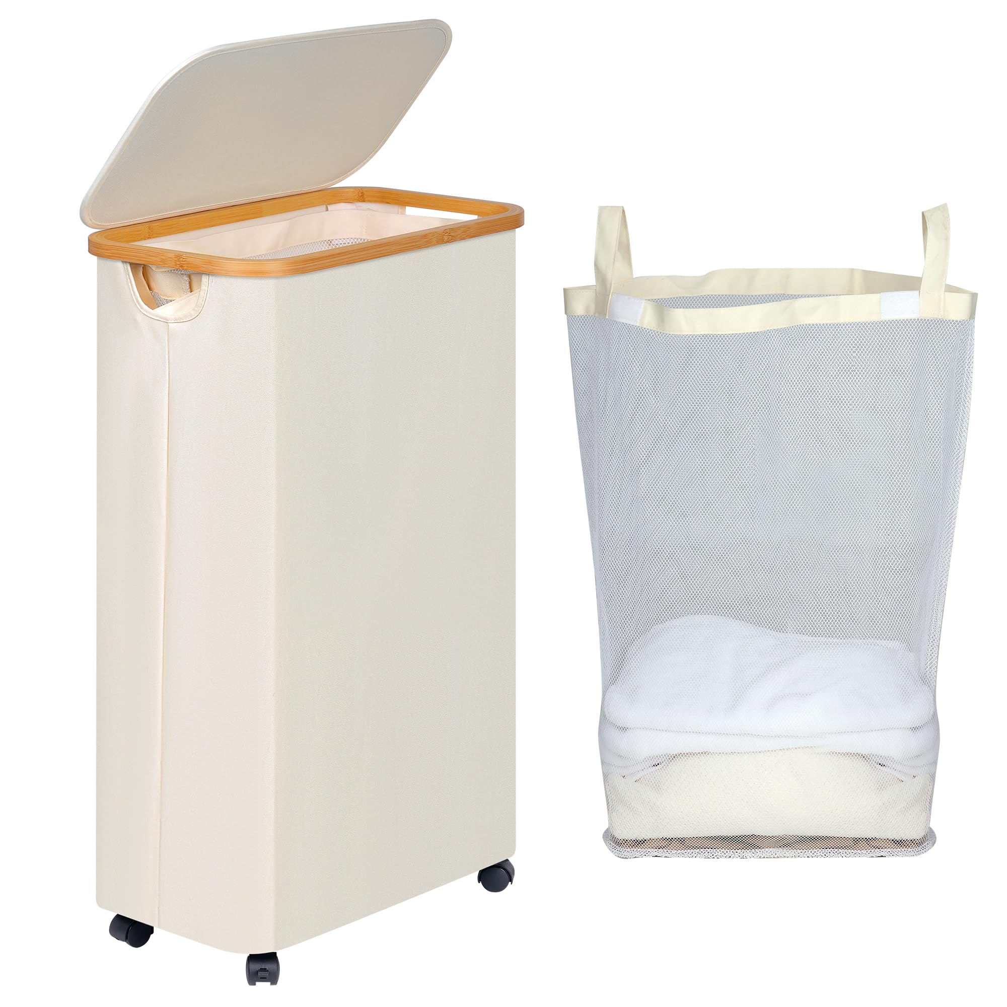 efluky Wäschekorb mit Rollen, 75L Faltbarer Wäschekorb mit Deckel, Beige 🧺🛒 Angebot bei HelloDeals