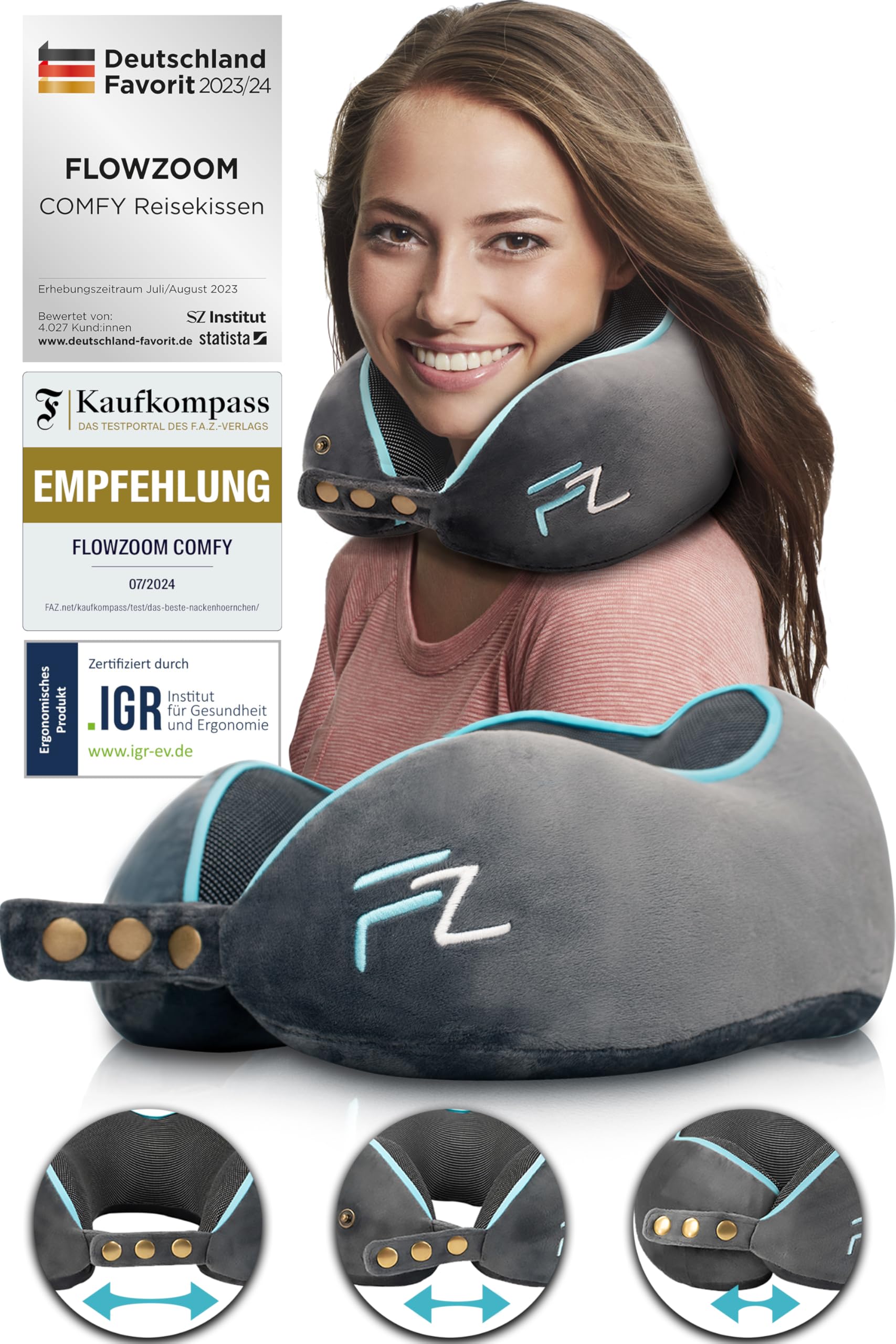 FLOWZOOM Comfy Nackenkissen Flugzeug & Auto - Einstellbares Memory Foam Reisekissen mit flexiblen Druckknöpfen Angebot bei HelloDeals