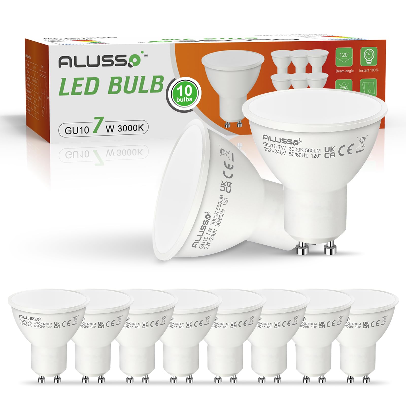 ALUSSO GU10 LED 7W 3000K Warmweiß Leuchtmittel 560 Lumen Birnen - 10er Set 🌟 Angebot bei HelloDeals