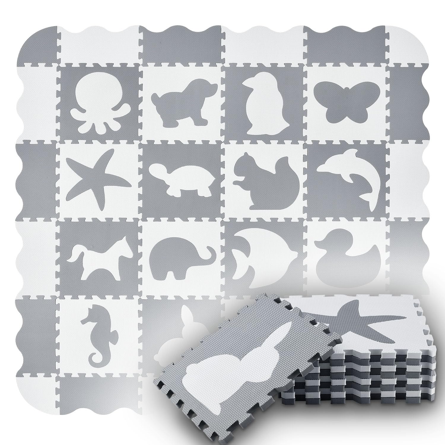 🧩🦒 Juskys Kinder Puzzlematte Timon 36 Teile mit 16 Tieren in grau weiß - rutschfest & abwischbar 🐶🐴🐊 - Puzzle ab 10 Monate Angebot bei HelloDeals