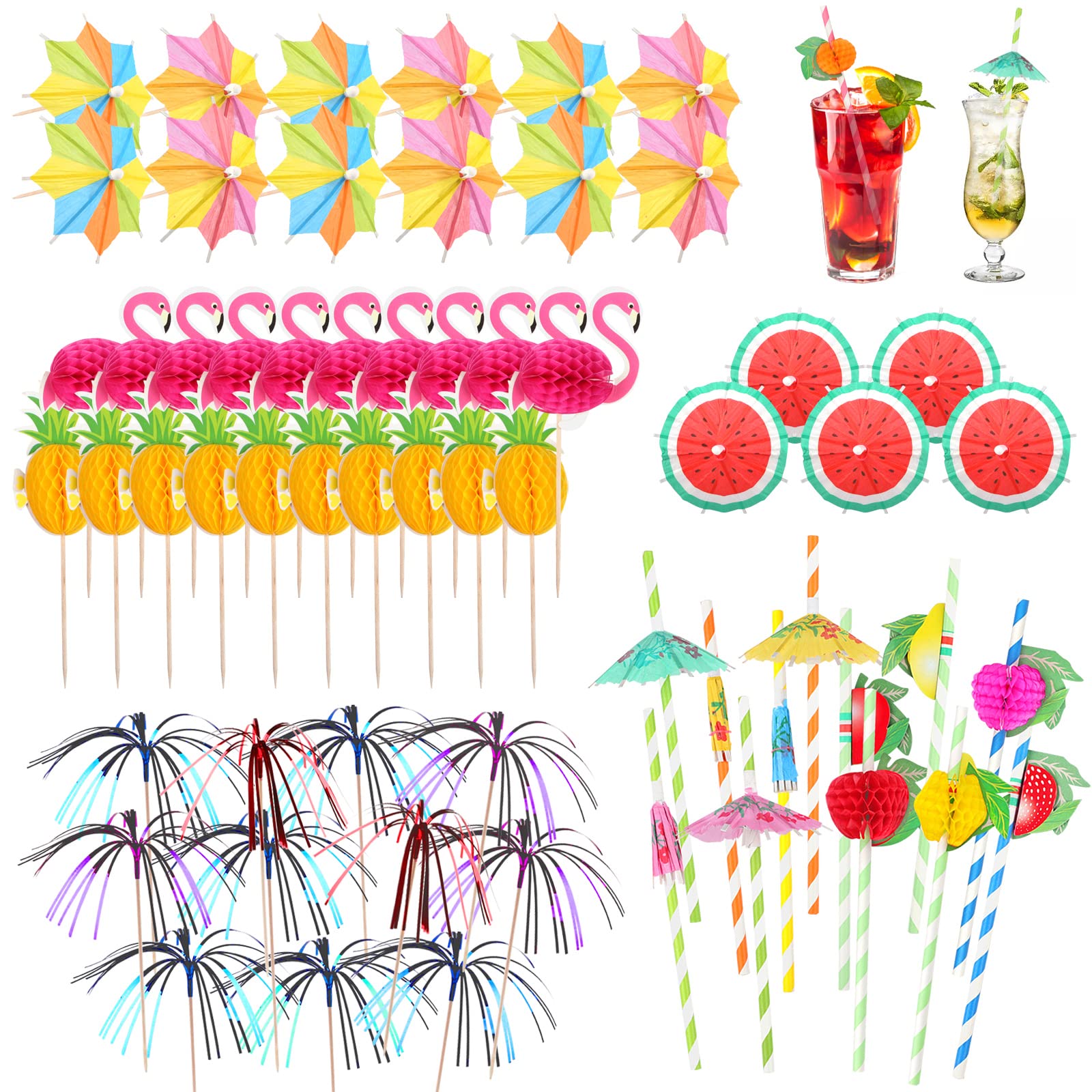 🍹🎉 Cocktail Deko, 80 Stück Wiederverwendbar Cocktail Schirmchen, Feuerwerk Sticks, Rührer Sticks, Papier Strohhalme Angebot bei HelloDeals