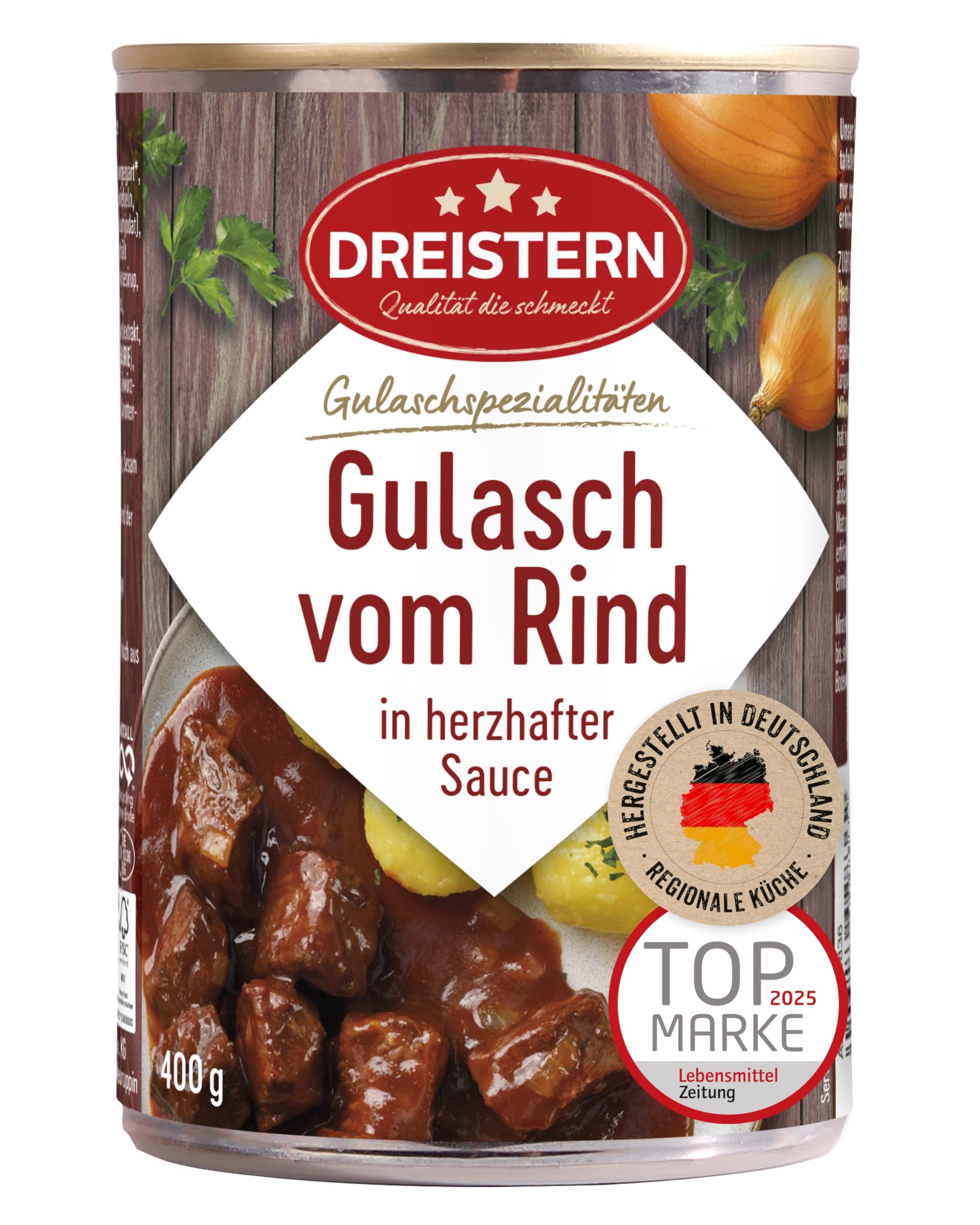 🌟 DREISTERN Rindergulasch 400g 🌟 Recyclebare Konservendose 🌟 Hausmacher Qualität Angebot bei HelloDeals