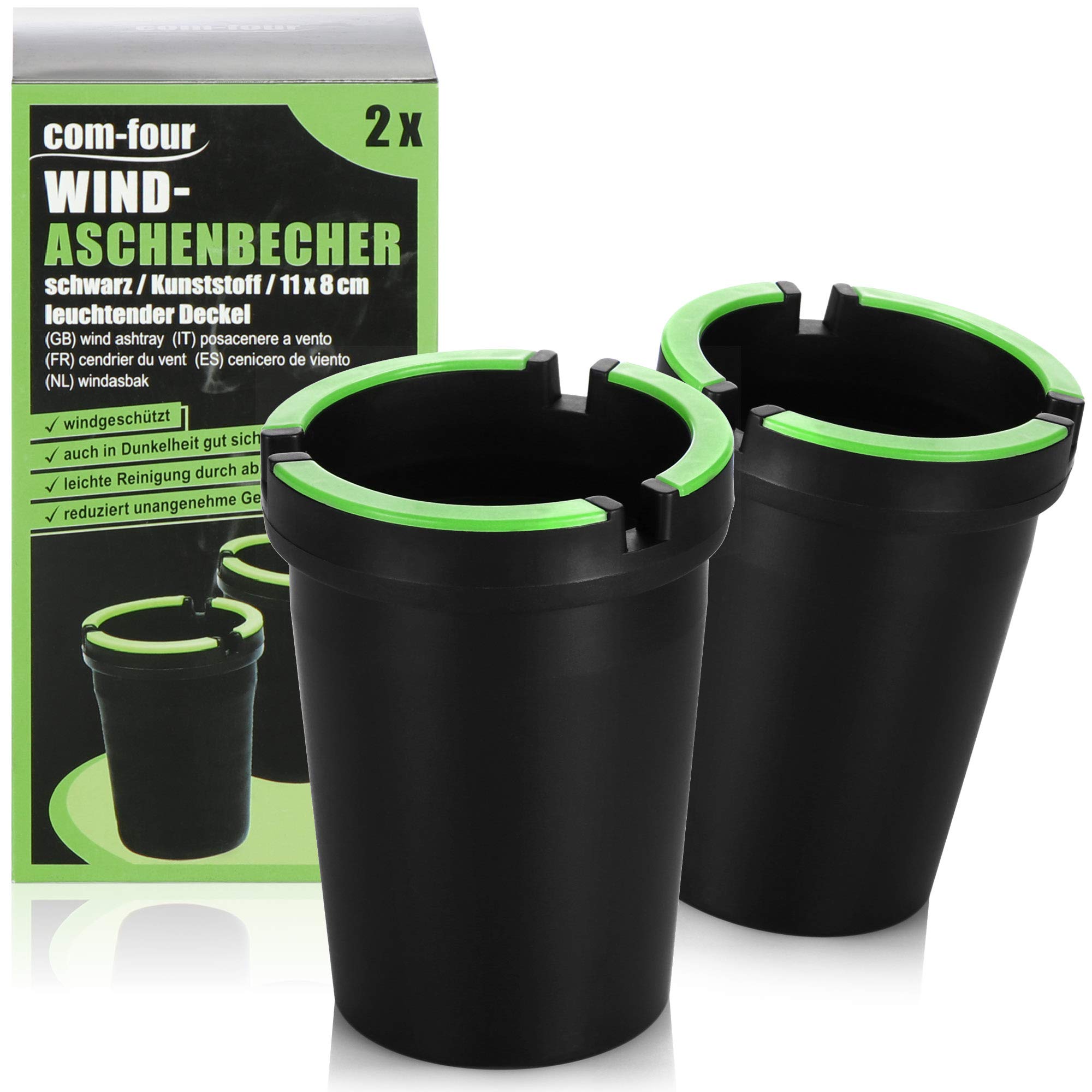 🌬️🚬 com-four® 2X Aschenbecher für draußen - Windaschenbecher - Sturmaschenbecher mit leuchtendem Deckel - Autoaschenbecher, Ø 8 cm (02 Stück - schwarz) Angebot bei HelloDeals