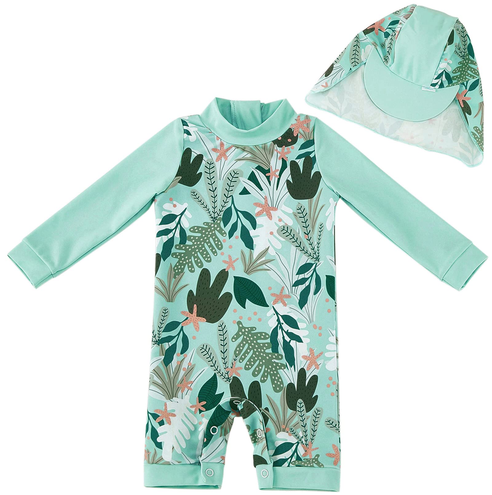 👶🏖️ UMELOK Baby Badebekleidung Mädchen Badeanzug mit Sonnenhut UV Schutz 3-6 Monate Grüne,tropische Pflanzen Angebot bei HelloDeals