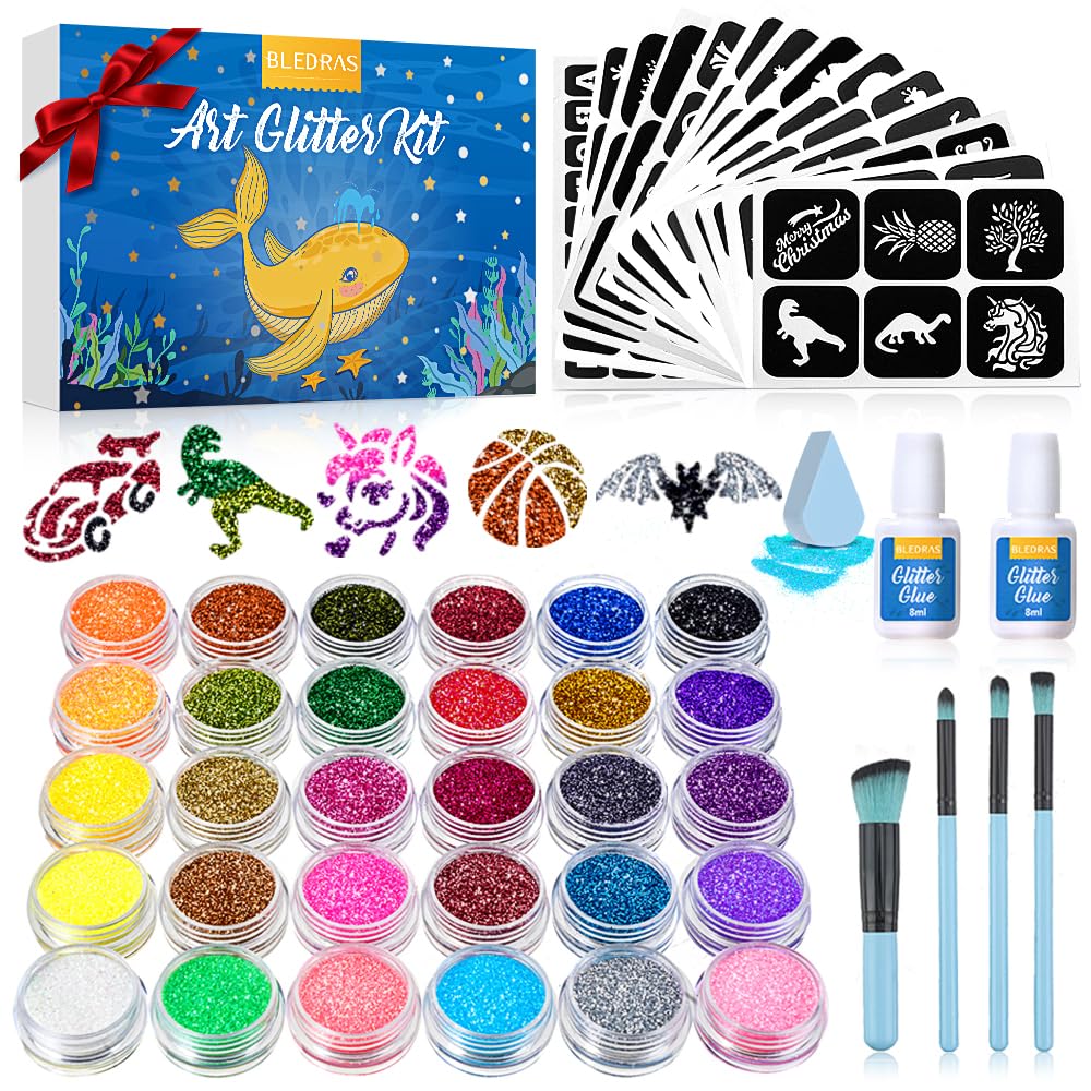 Bledras Glitzer Tattoo Set Kinder 🌟 30 Farben Glitzertattoos, 147 Schablonen, 4 Pinsel, 2 Kleber, Geschenke für Kinder im Alter von 3 bis 12 Jahren Angebot bei HelloDeals