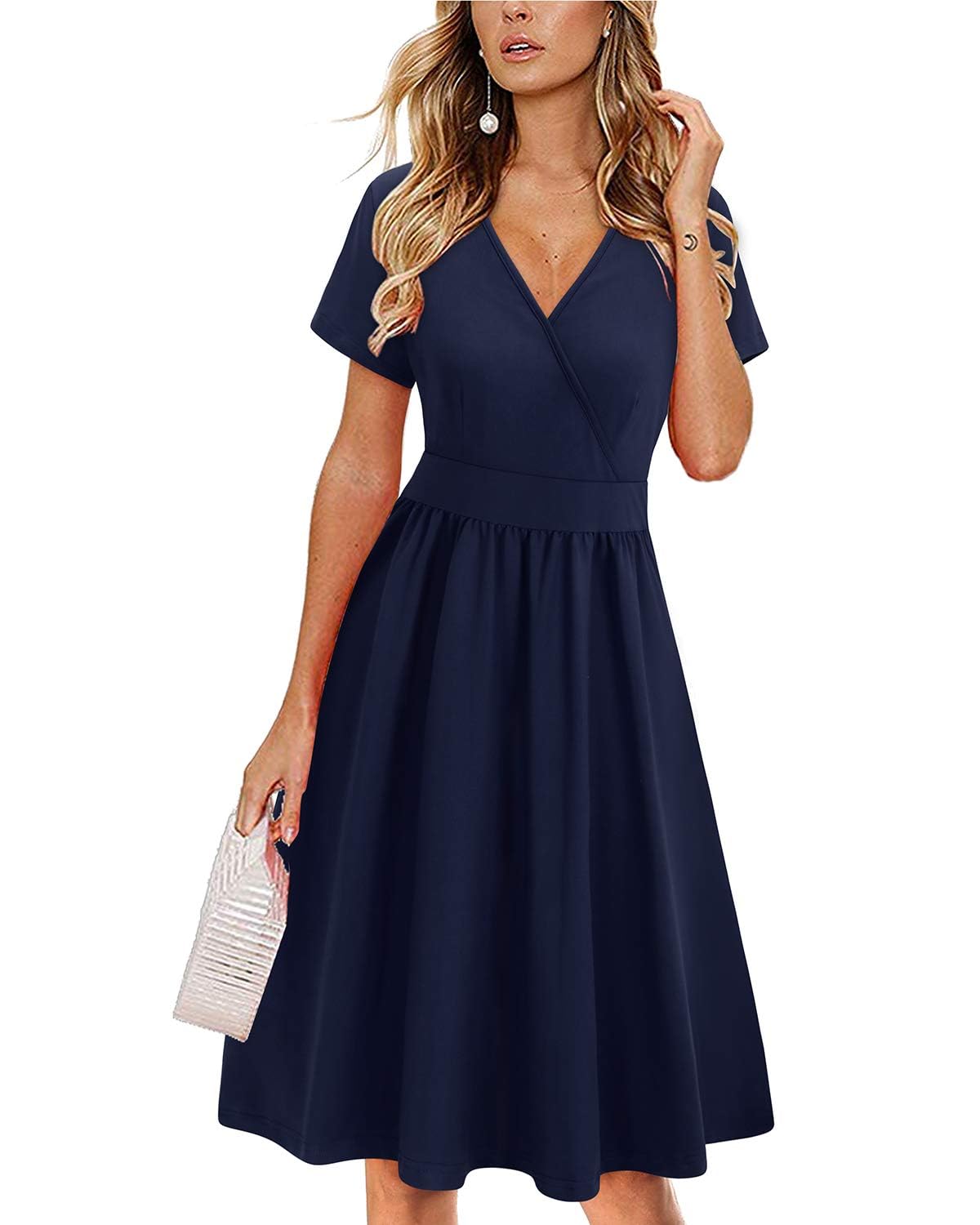 👗 VOTEPRETTY Damen Sommerkleid Kurzarm V-Ausschnitt Wickelkleid Knielang Kleid mit Taschen L Marine Angebot bei HelloDeals