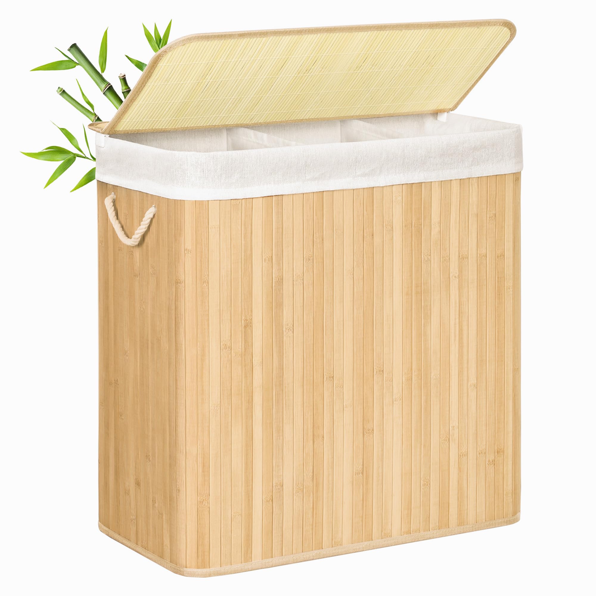 SONGMICS Wäschekorb 3 Fächer, 150 L Wäschesammler mit Deckel, Wäschebox Bambus 🧺🌿 Angebot bei HelloDeals
