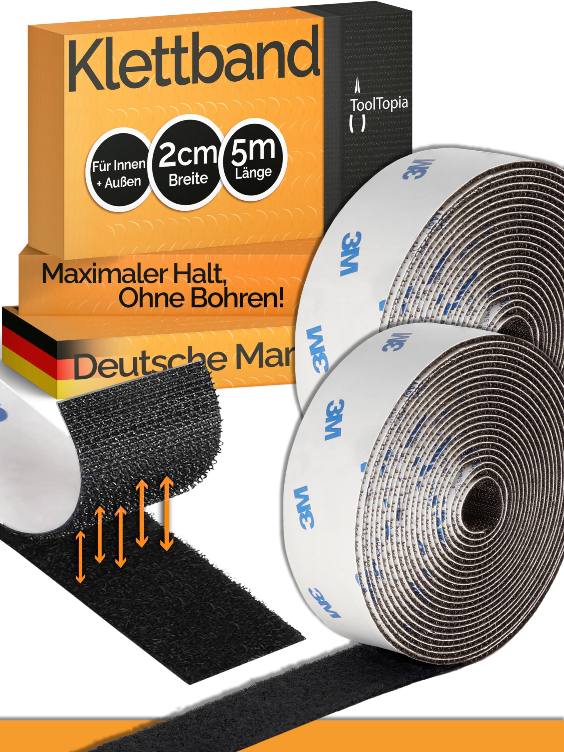 ToolTopia Handwerksqualität Schwarz 20mm x 5m Klettband Selbstklebend Extra Stark Outdoor & Indoor 🌟 Angebot bei HelloDeals