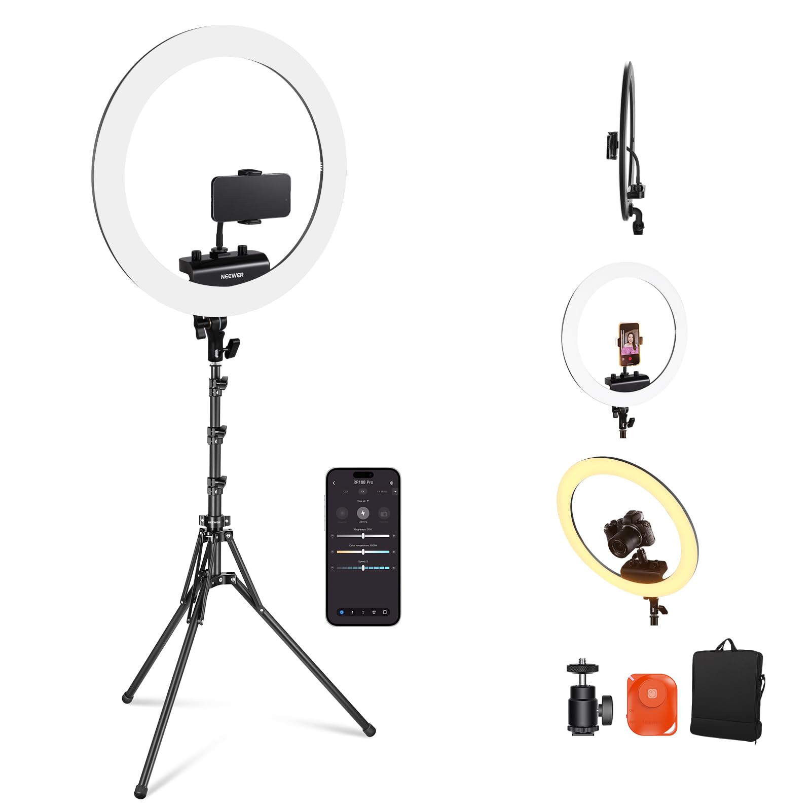 NEEWER Professionelles 18" dünn Ringlicht mit Ständer und Telefonhalter - RP18B Pro Schwarz 🌟 Angebot bei HelloDeals
