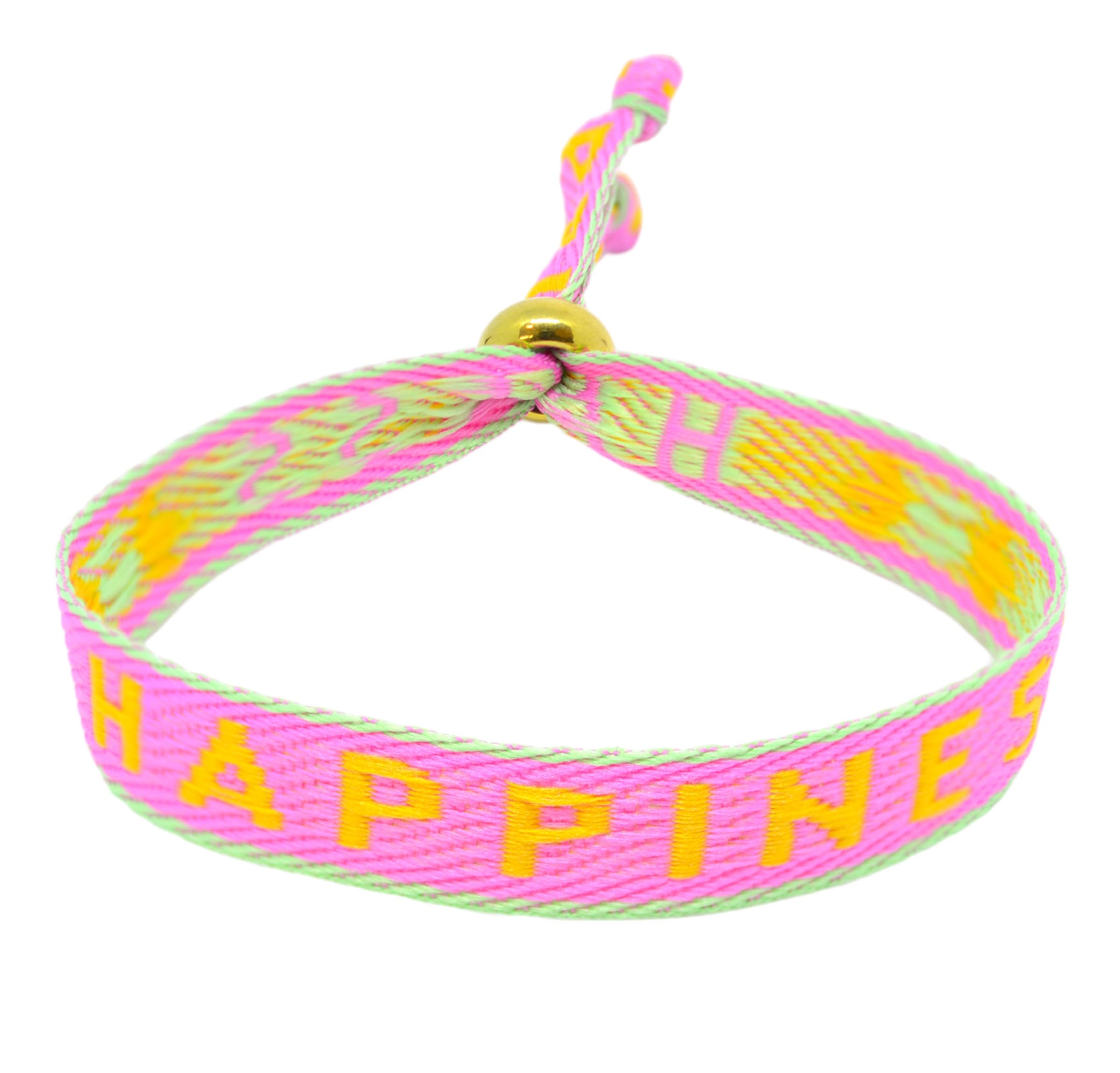 Selbstgemachtes Schmuck Festival Armband 🌈 - Stoffarmband Freundschaftsarmband Sommer Schmuck HAPPINESS (Pink-Orange-Grün) Angebot bei HelloDeals
