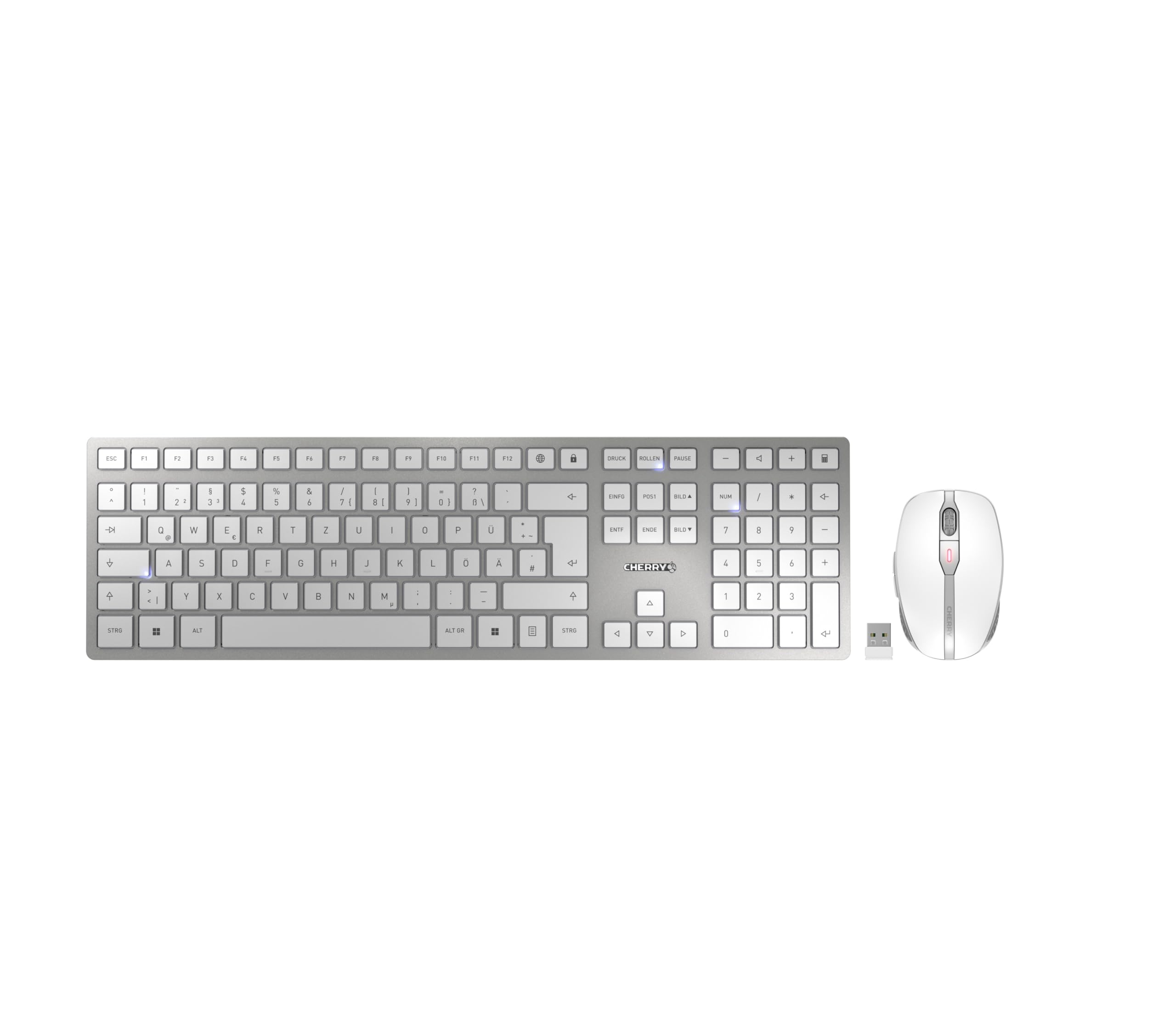 🌟 Super Angebot! CHERRY DW 9100 SLIM, Kabelloses Tastatur- und Maus-Set, Deutsches Layout (QWERTZ), Bluetooth & 2,4 GHz Funk, Weiß-Silber Angebot bei HelloDeals