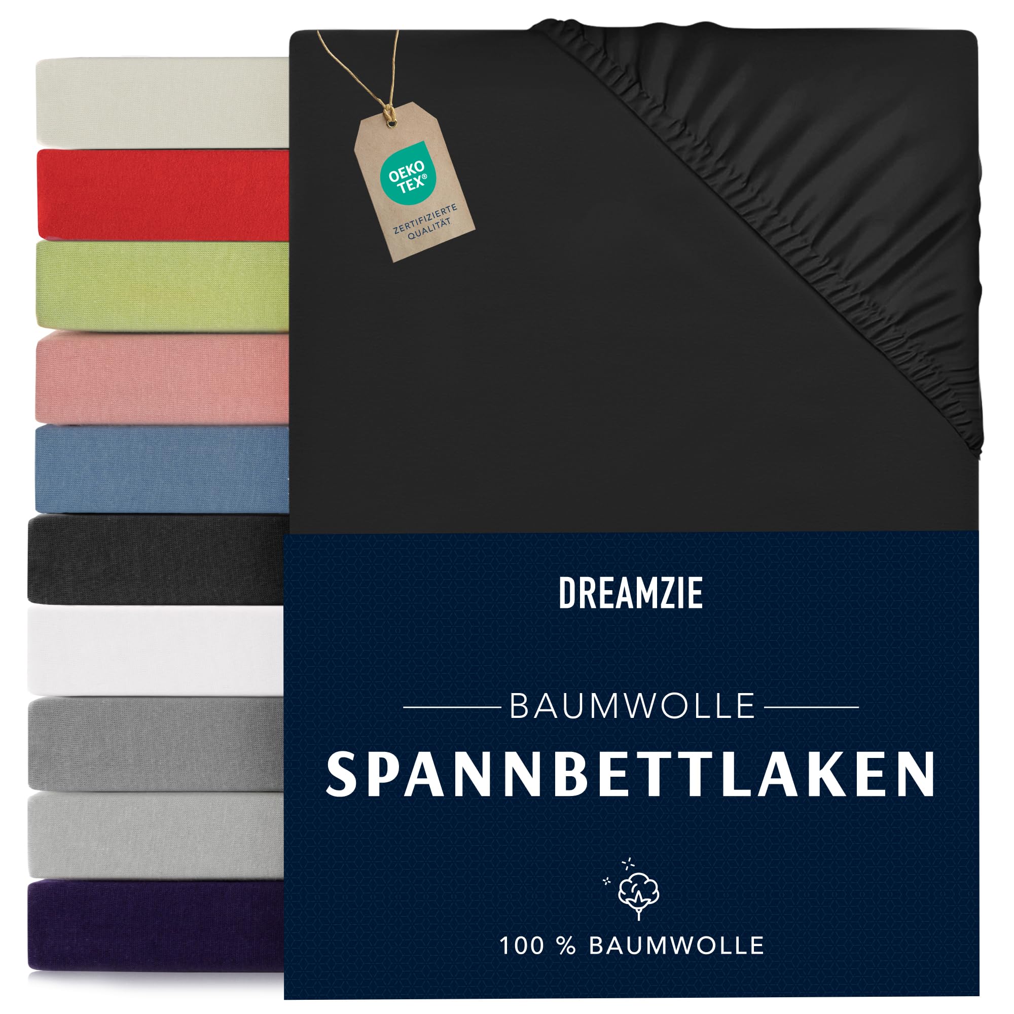 Dreamzie - Spannbettlaken 90x190/200cm - Baumwolle Oeko Tex Zertifiziert - Schwarz - 100% Jersey Spannbetttuch Angebot bei HelloDeals