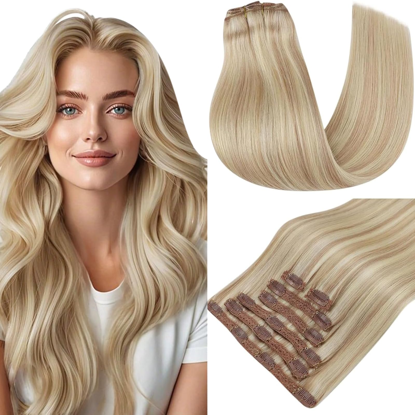 🌟 RUNATURE Extensions Echthaar Clip Blond Highlights 35cm 7 Stück Clip in Extensions Echthaar Aschblond Mit Platinblond Menschliches Haar Clip Extensions Echthaar Günstig 120g #18P60 35cm-7pcs #18P60 Angebot bei HelloDeals