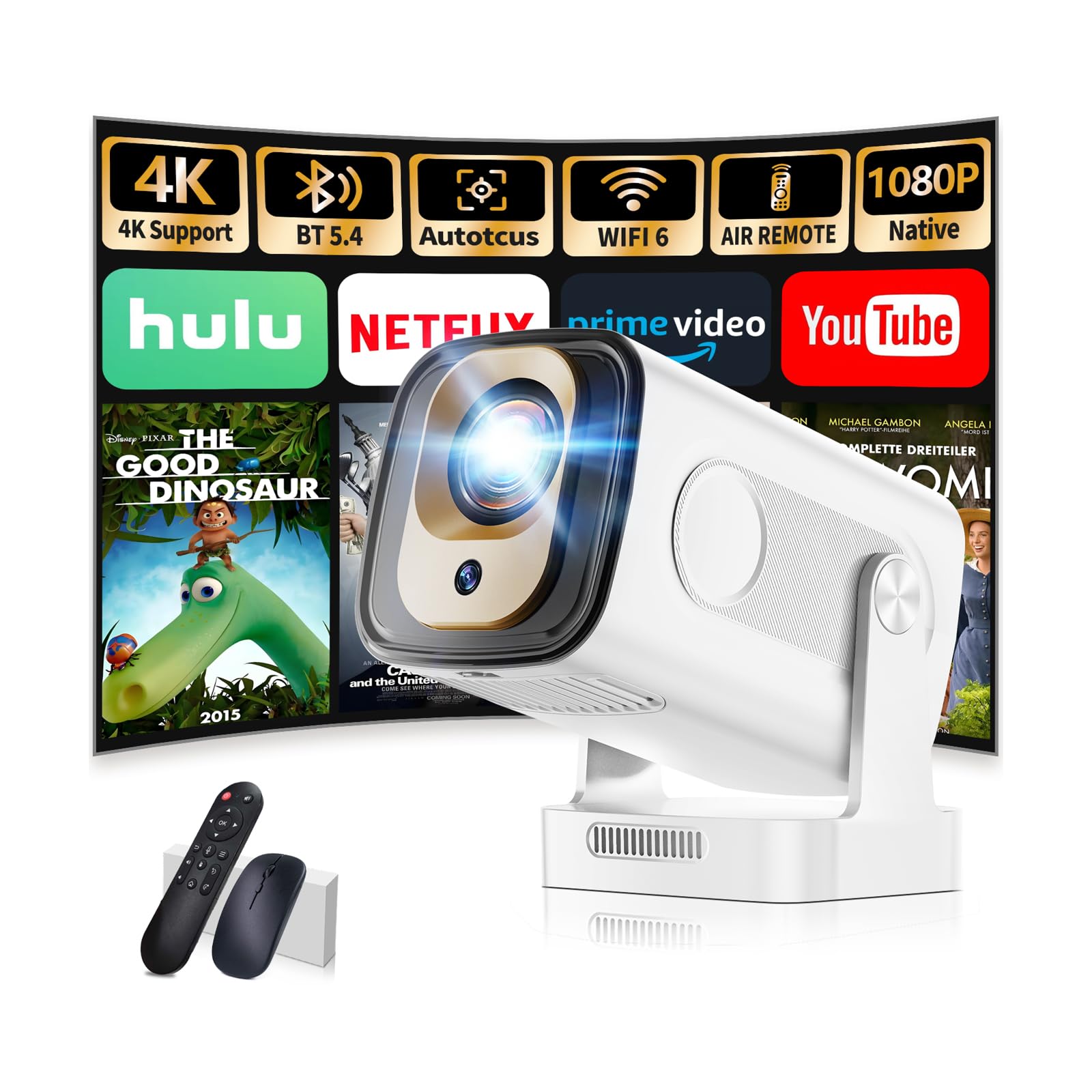 🎬 Beamer 1080P mit WiFi & Bluetooth Android Projektor, Mini Beamer 4k mit 210° drehbarer Stand, Tragbarer Projektor Native 4K Full HD Unterstützung Laptop/HDMI/USB/Automatische Trapezkorrektur, weiß 1080P White Angebot bei HelloDeals