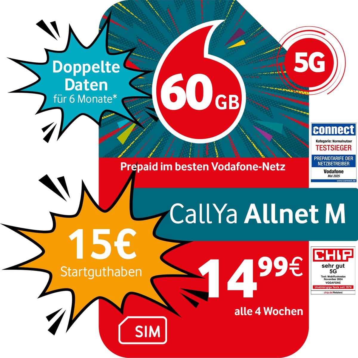 📱🌍 Vodafone Prepaid CallYa M | 60 GB | 15 EUR Startguthaben | 5 GB gratis im Roaming-Special | ohne Vertrag | 5G-Netz | Telefon- SMS-Flat | EU-Roaming 1 Monat Angebot bei HelloDeals