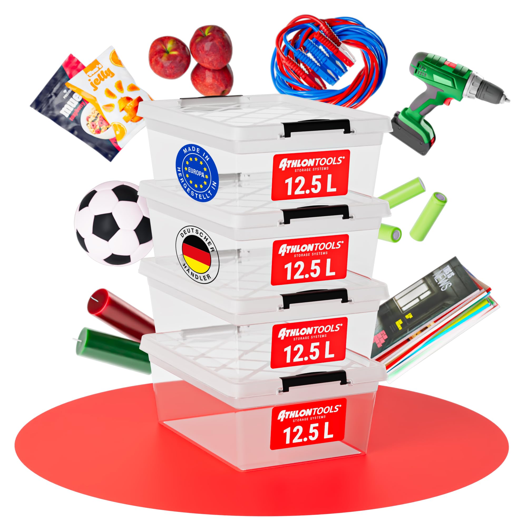 ATHLON TOOLS 4x 12,5 L Aufbewahrungsboxen mit Deckel - 4er-Set Transparent Angebot bei HelloDeals