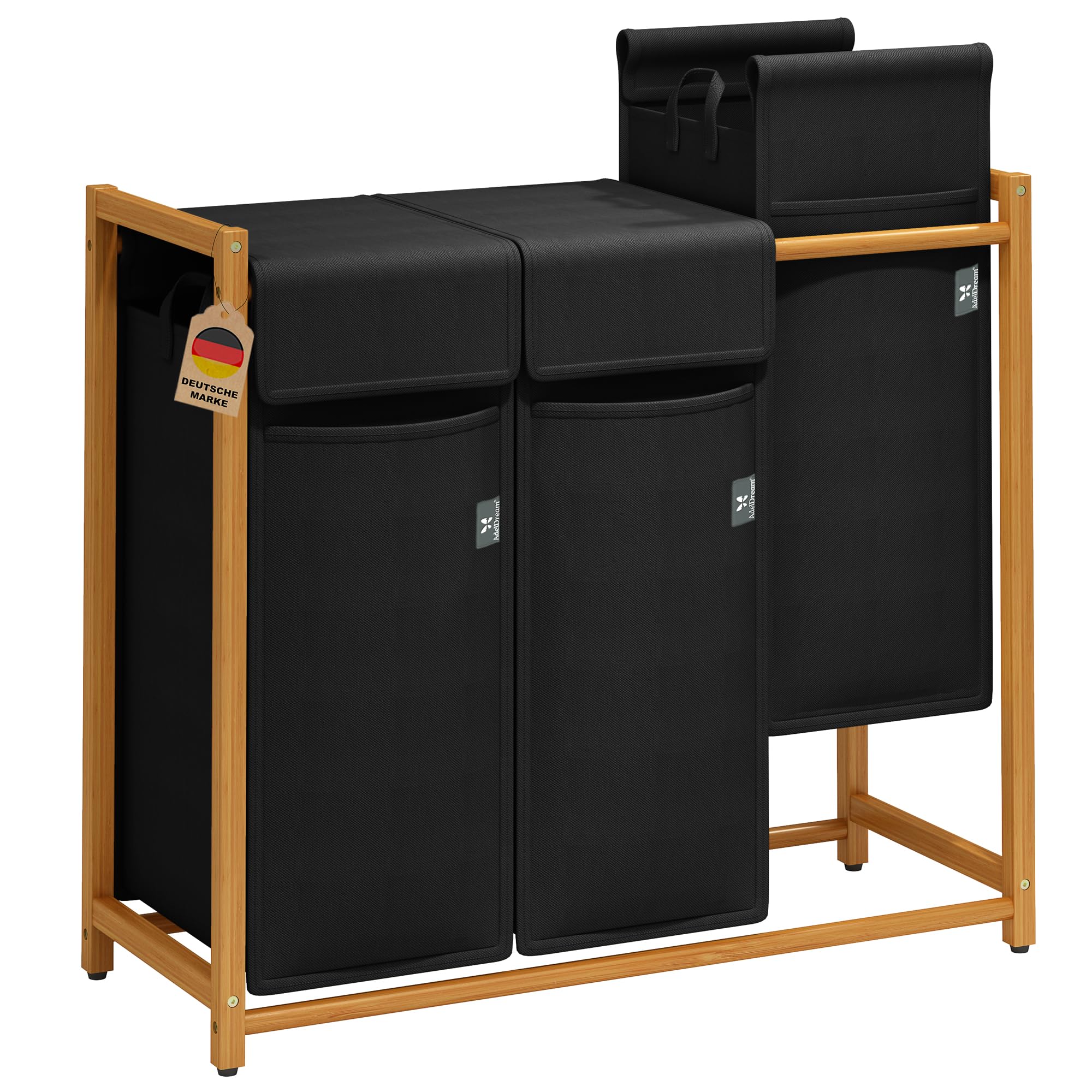 đ AdelDream WĂ€schekorb 150L â Bambus WĂ€schesortierer mit 3 FĂ€chern đż Angebot bei HelloDeals