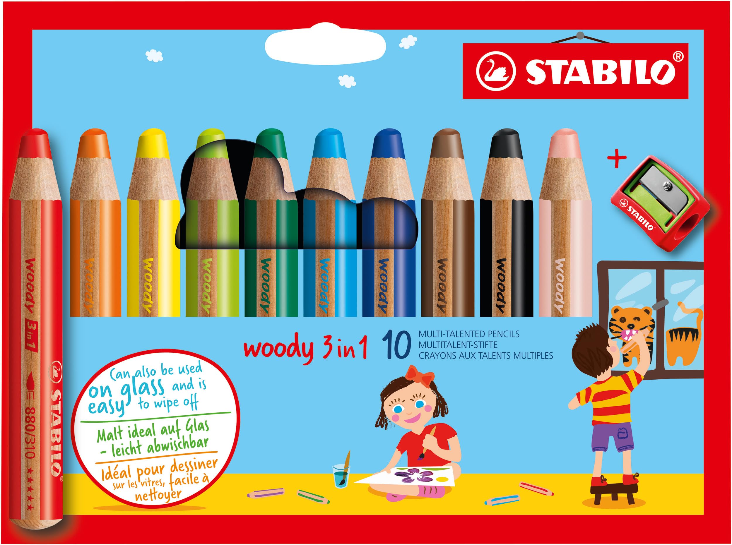 STABILO - Buntstift, Wasserfarbe & Wachsmalkreide - woody 3 in 1-10er Pack mit Spitzer 🌈🎨 Angebot bei HelloDeals