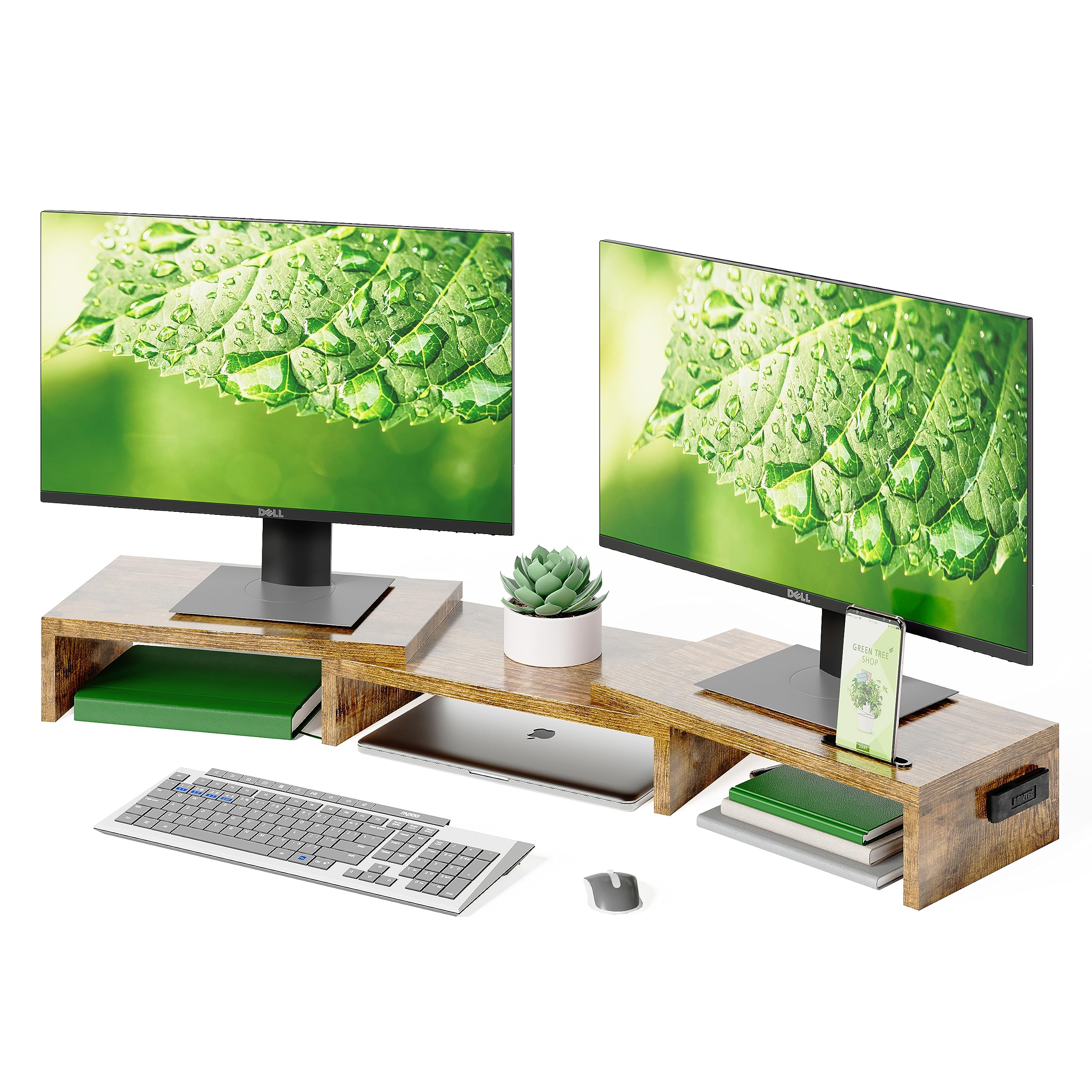 🌟 BONTEC Monitorständer Holz 🌟 Dual Monitor Stand Riser mit Handyhalter Angebot bei HelloDeals