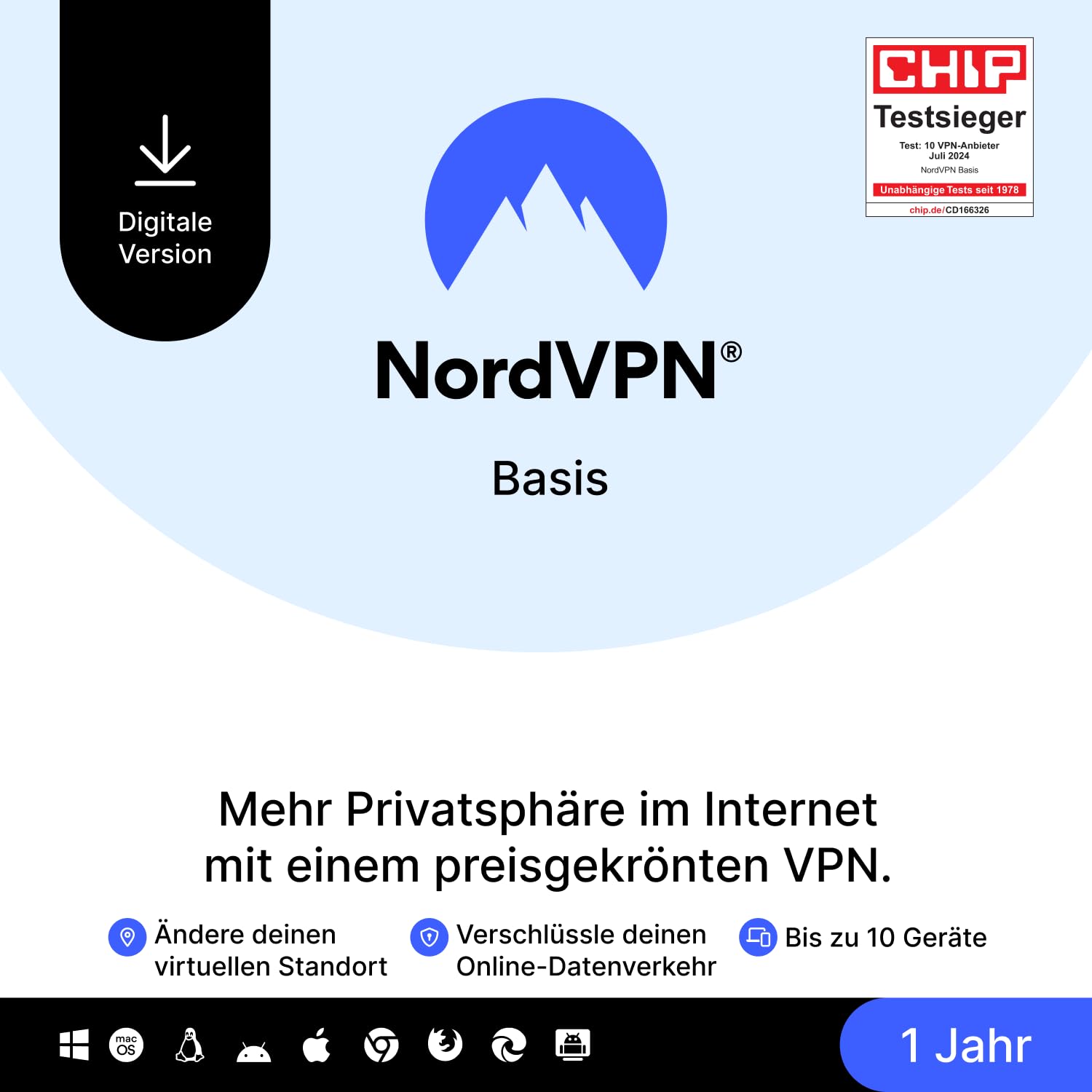 NordVPN Basis, 10 Geräte, 1 Jahr, Premium-VPN-Software, Digitaler Code Digitale Lieferung NordVPN Basis 1-Jahres-Abo Angebot bei HelloDeals