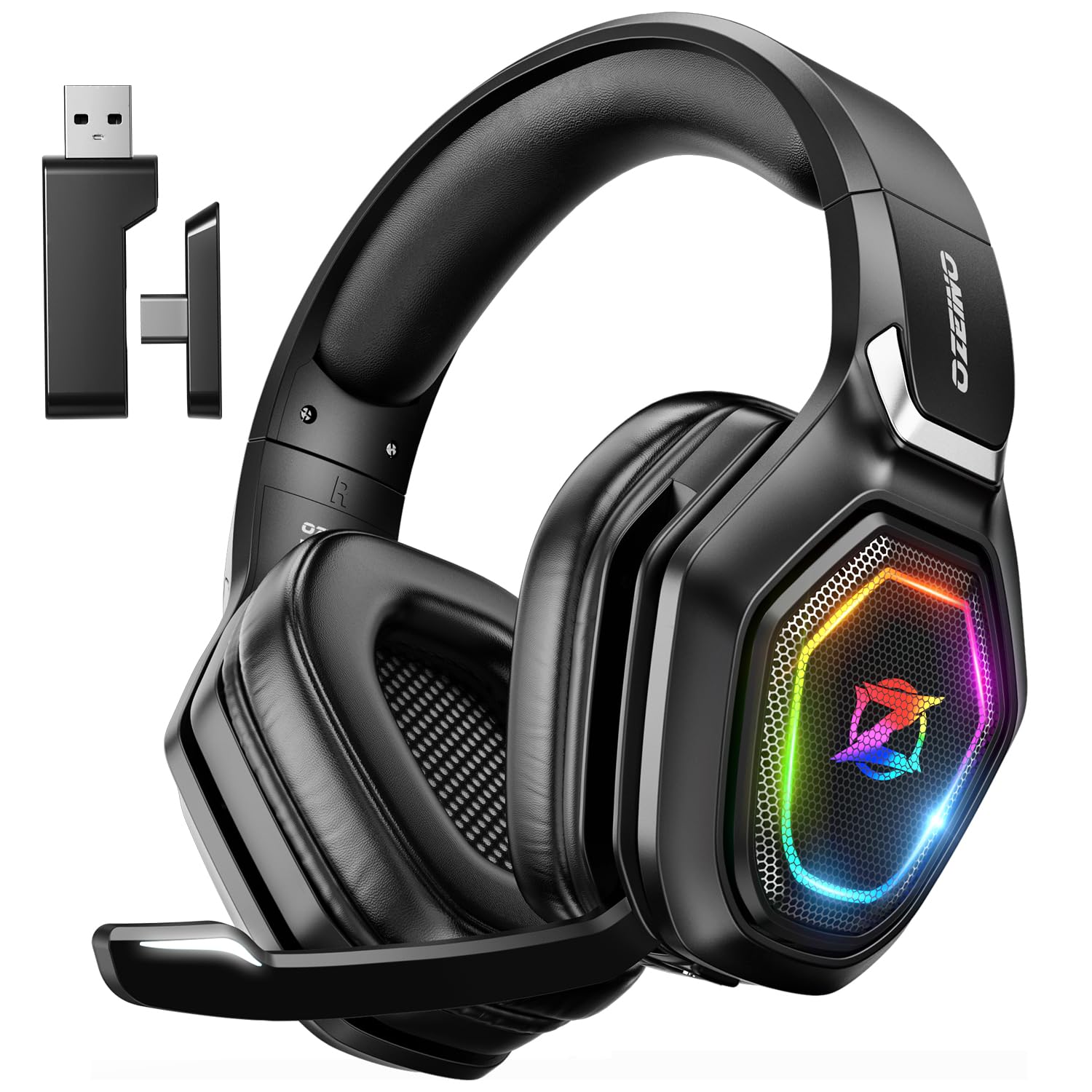 🎮🎧 Ozeino Kabelloses Gaming-Headset mit Mikrofon, 2,4 G & Typ-C-Sender, 30 Stunden Akkulaufzeit, RGB-Beleuchtung Gaming-Kopfhörer für PS5, PS4, PC, Telefon Schwarz Mattiert Angebot bei HelloDeals