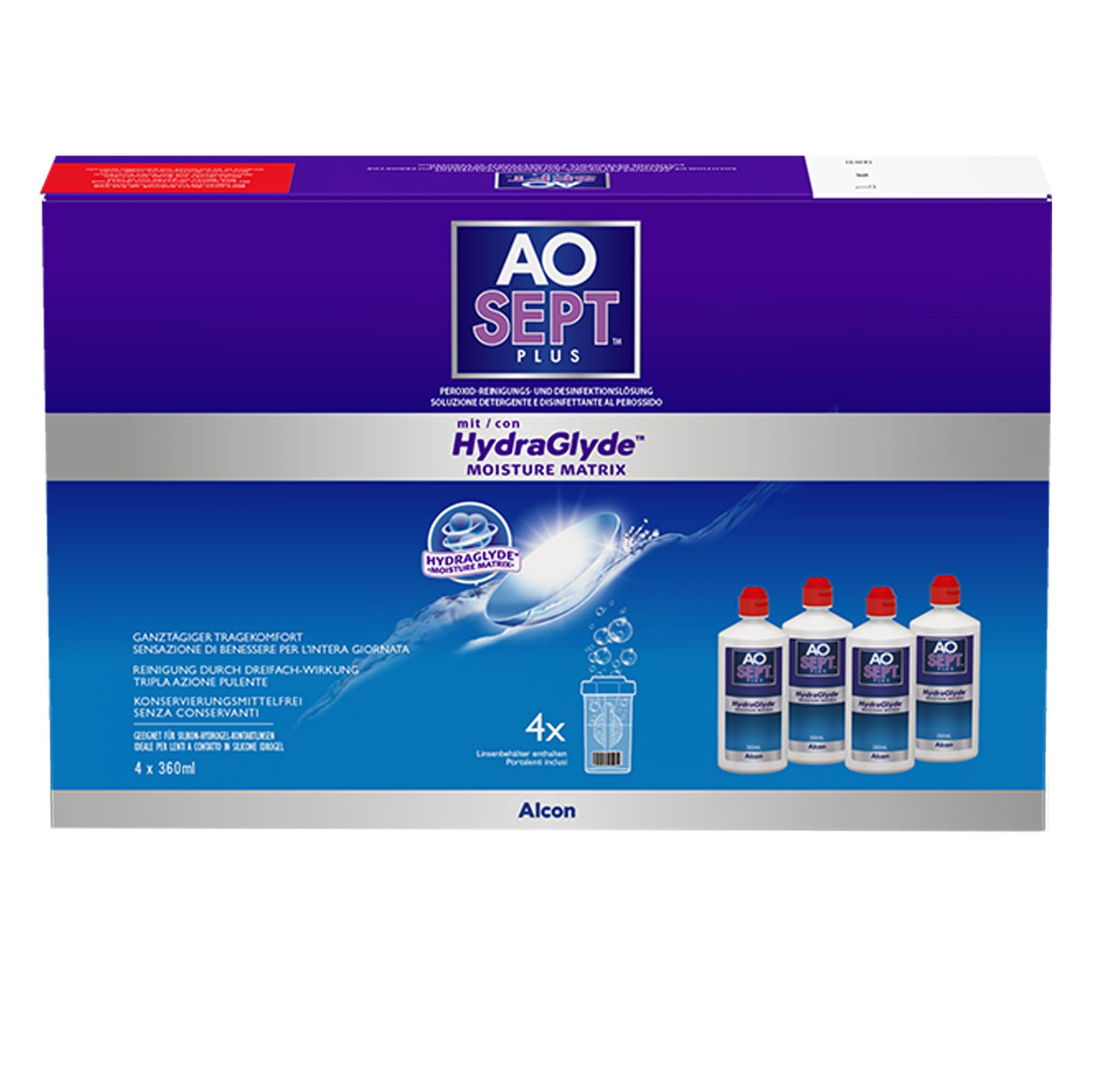 Aosept Plus mit Hydraglyde Pflegemittel | Systempack | 4 x 360 ml 🌟👁️ Angebot bei HelloDeals