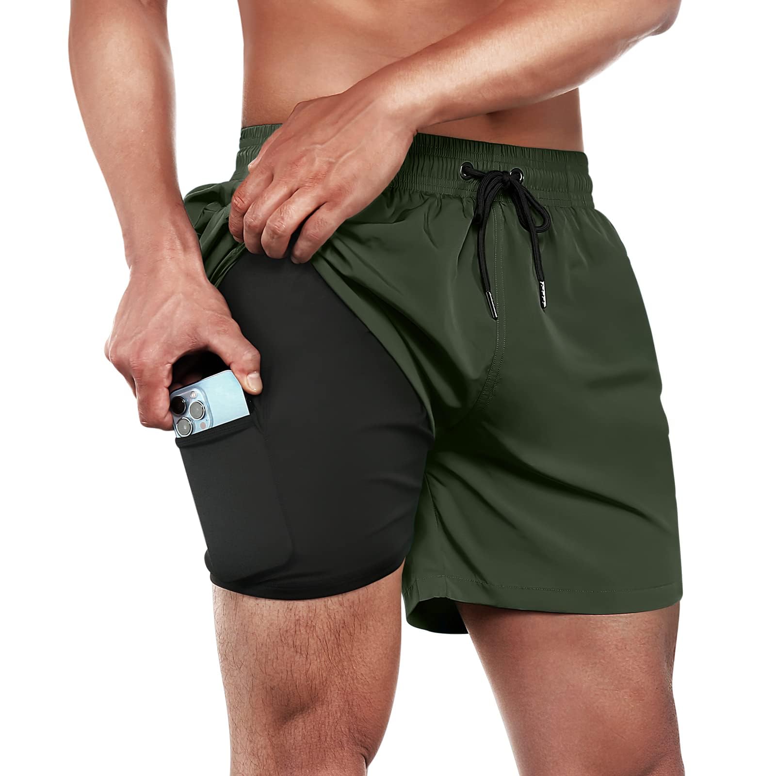 🩳 Ineepor Badehose Herren mit Kompression Badehose mit innenhose Board Shorts 2 in 1 Reißverschlusstasche kurz Badehose L Armeegrün Angebot bei HelloDeals