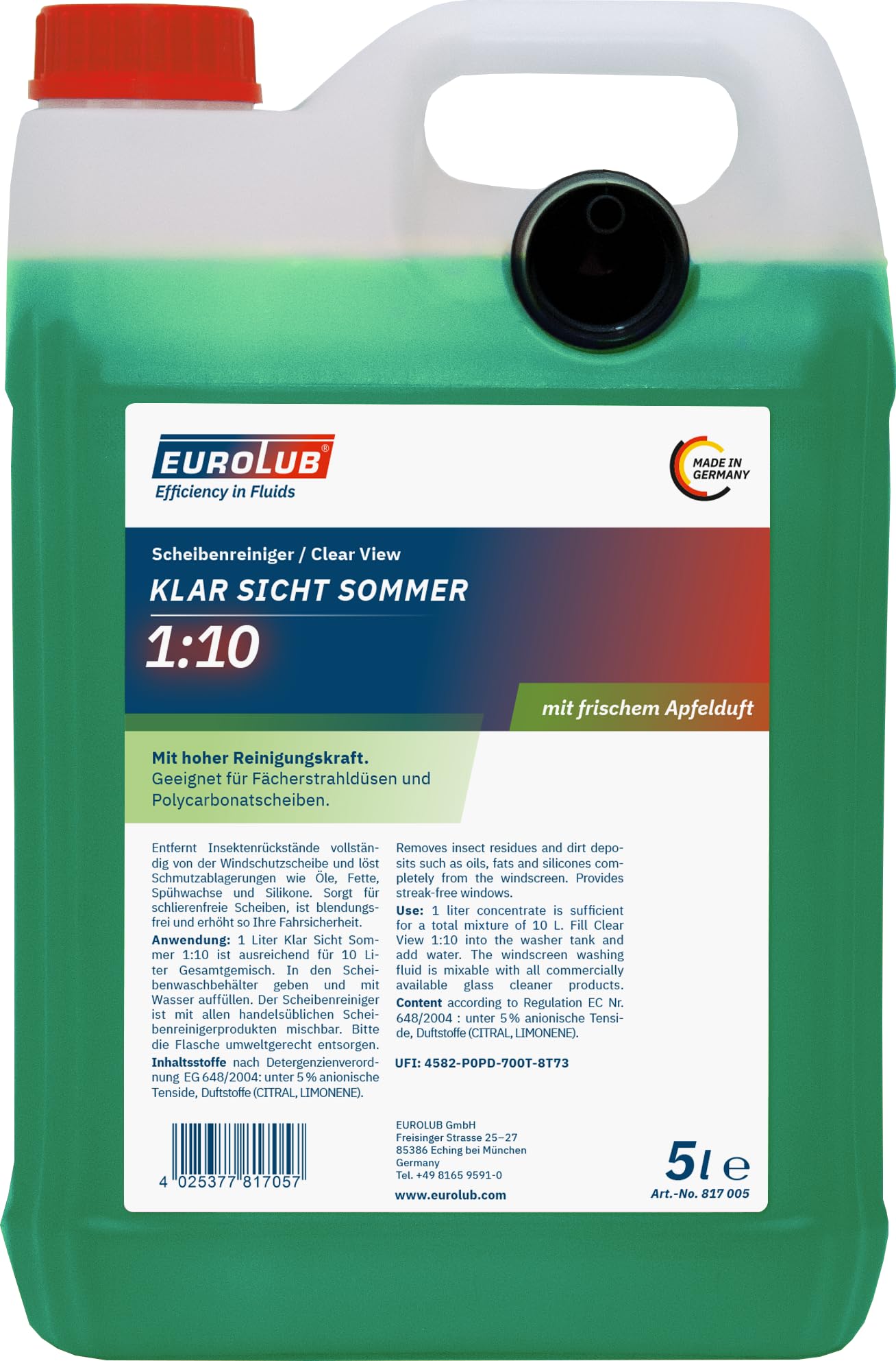 🚗 EUROLUB KLAR SICHT Sommer 1:10 Scheibenreiniger-Konzentrat, 5 Liter, Grün 5 l (1er Pack) - Sonderangebot! Angebot bei HelloDeals