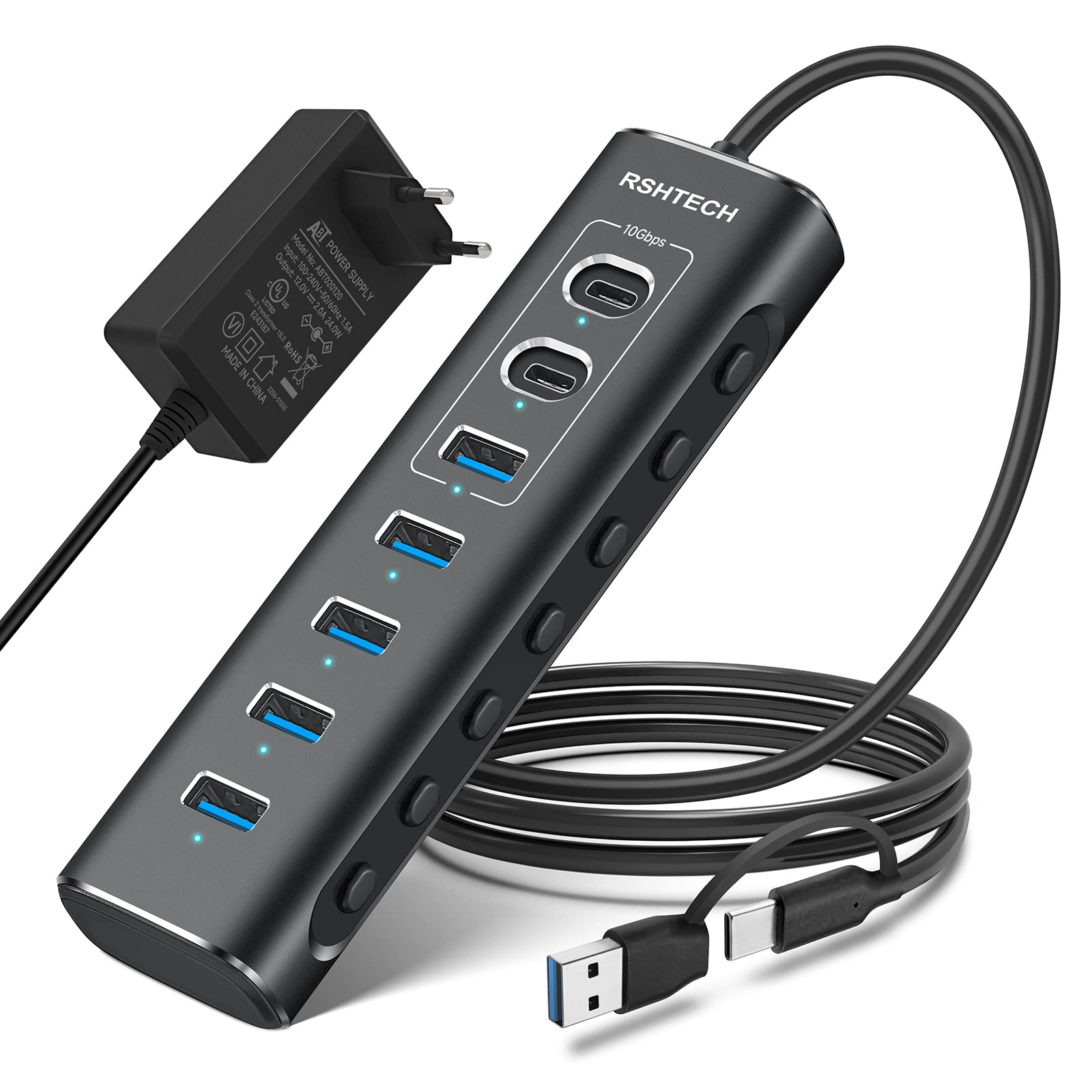 🔌🚀 RSHTECH USB C Hub Aktiv mit Netzteil - 7-Port USB C 3.2 Hub Aktiv Angebot bei HelloDeals