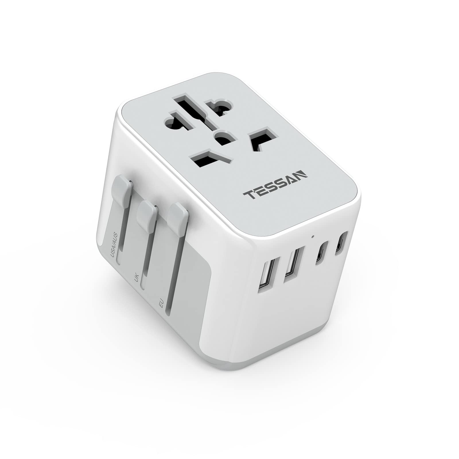 🌍✈️ TESSAN Reiseadapter Weltweit mit USB Anschlüssen - Grau Weiß 4 USB(2 USB C)-21W Angebot bei HelloDeals