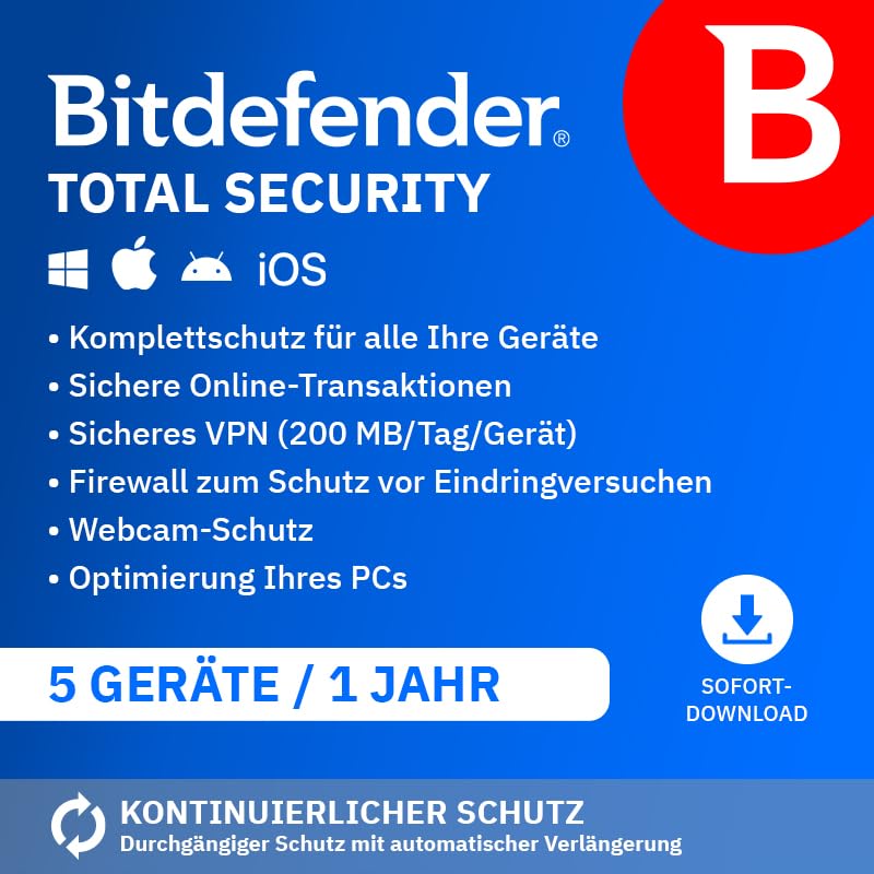 Bitdefender Total Security 2025 | 5 Geräte | 1 Jahr | PC/Mac/iOS/Android 🛡️🔒 Angebot bei HelloDeals