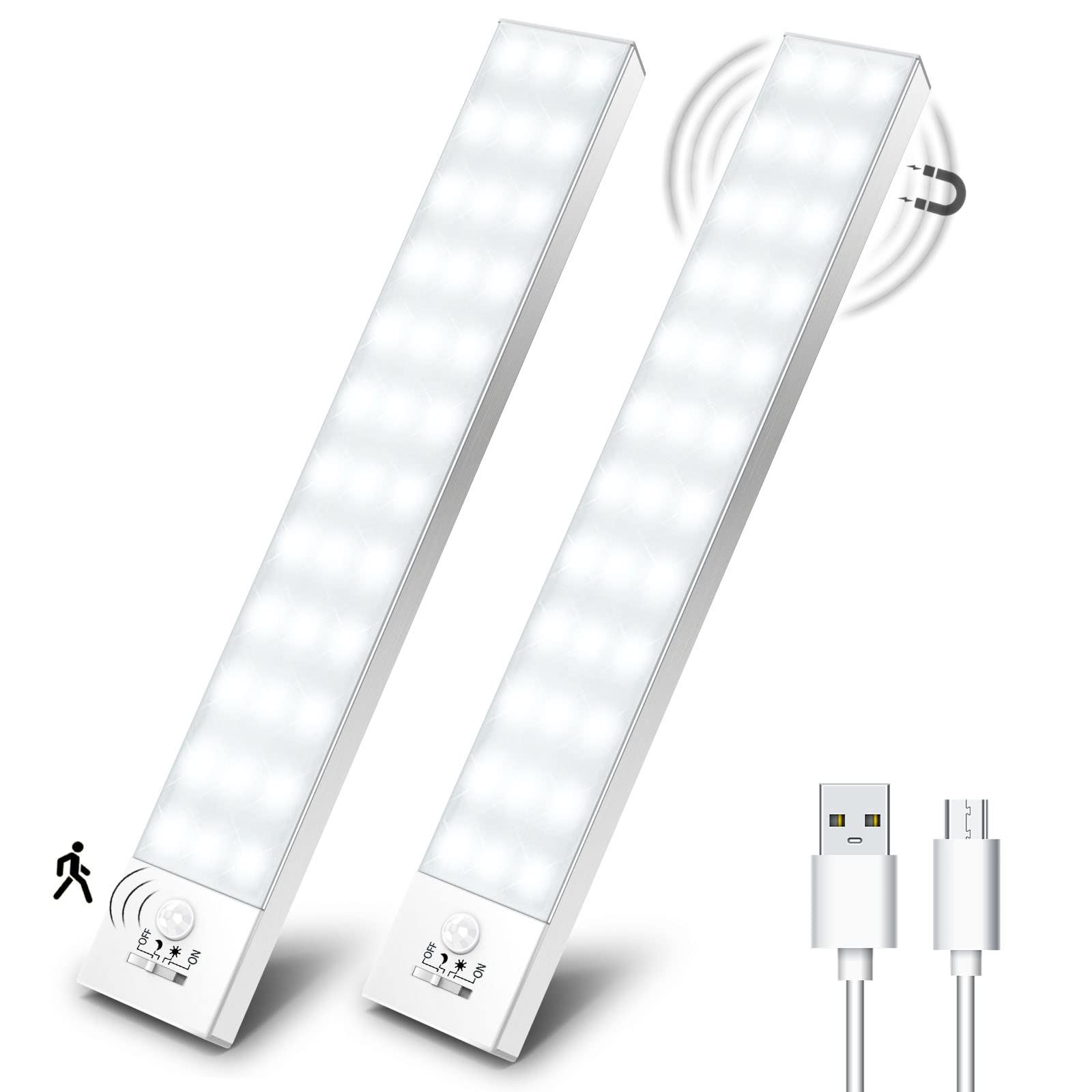 🌟 OUILA Schrankbeleuchtung LED mit Bewegungsmelder 2 Stück - Schranklicht Schrankleuchte Led Leiste Batterie USB Wiederaufladbar Unterbauleuchte Küche für Kleiderschrank, Treppe, Kofferraum, RV 5000k-weiß 23cm-2 Stück 🌟 Angebot bei HelloDeals