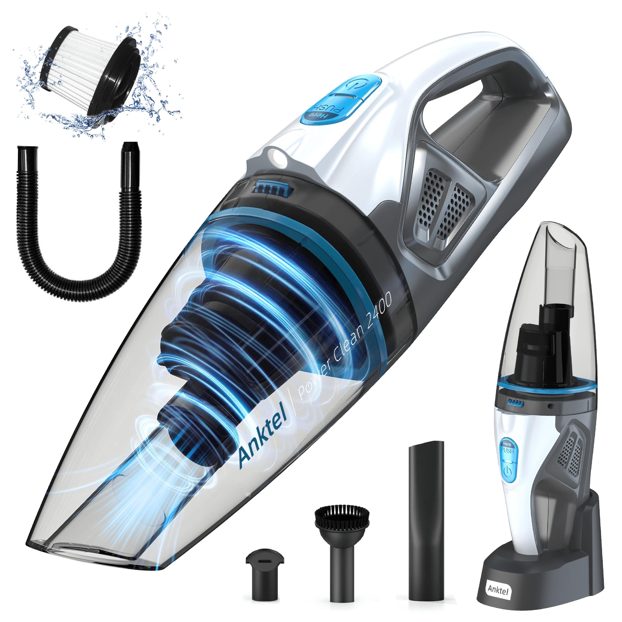 Anktel Handstaubsauger 9500Pa mit Ladestation & LED Beleuchtung - PowerClean 2400 - Weiß-grau 🌟 Angebot bei HelloDeals