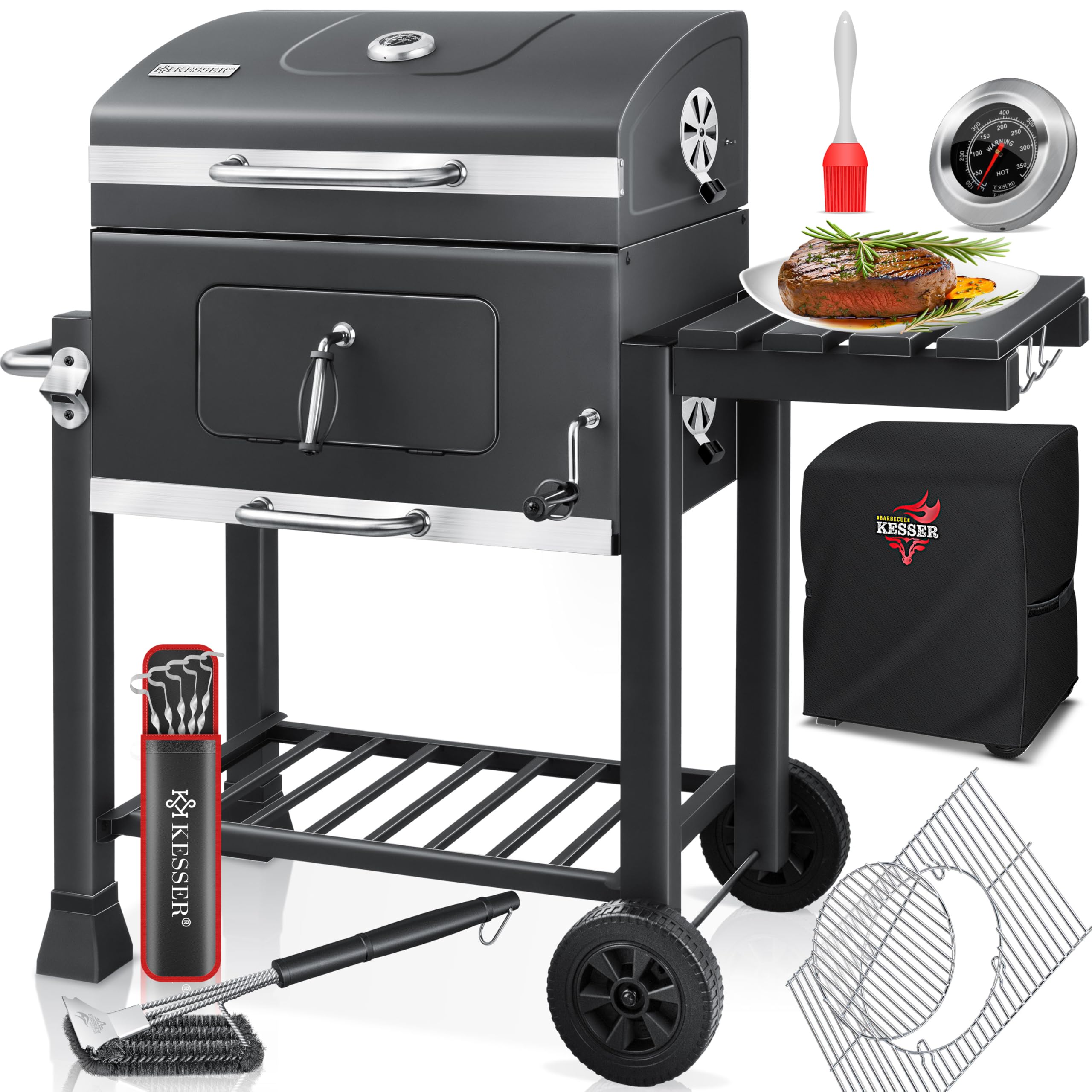 🔥 KESSER® Grillwagen BBQ Smoker XL Holzkohlegrill mit Deckel, Rädern, Edelstahl-Griff, Thermometer, Grillrost, Bürste, Abdeckhaube, 8 Spieße mit Tasche & Silikon-Pinsel, Standgrill, Kohlegrillwagen XL + Set Abdeckhaube + Spieße + Bürste Grau Angebot bei HelloDeals