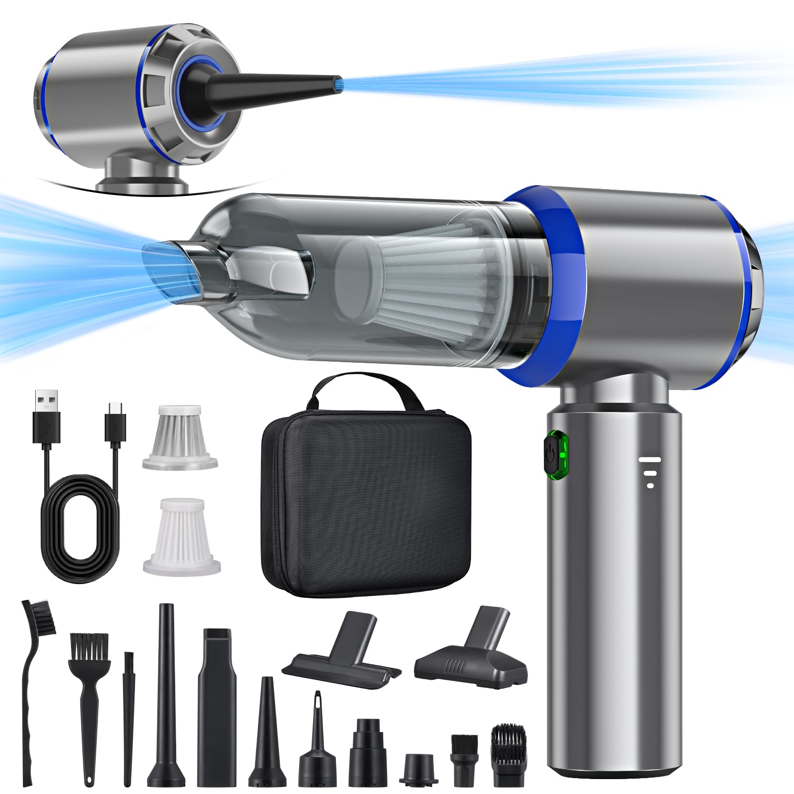 Handstaubsauger Akku, 3-in-1 Handstaubsauger, 25000PA Auto Staubsauger Stark, 3-Gang 220000 U/min Handstaubsauger Kabellos Mini Staubsauger für Auto, Küche,PC, Sofa, Büro, Haus& Tierhaar Reinigung Silberblau Angebot bei HelloDeals