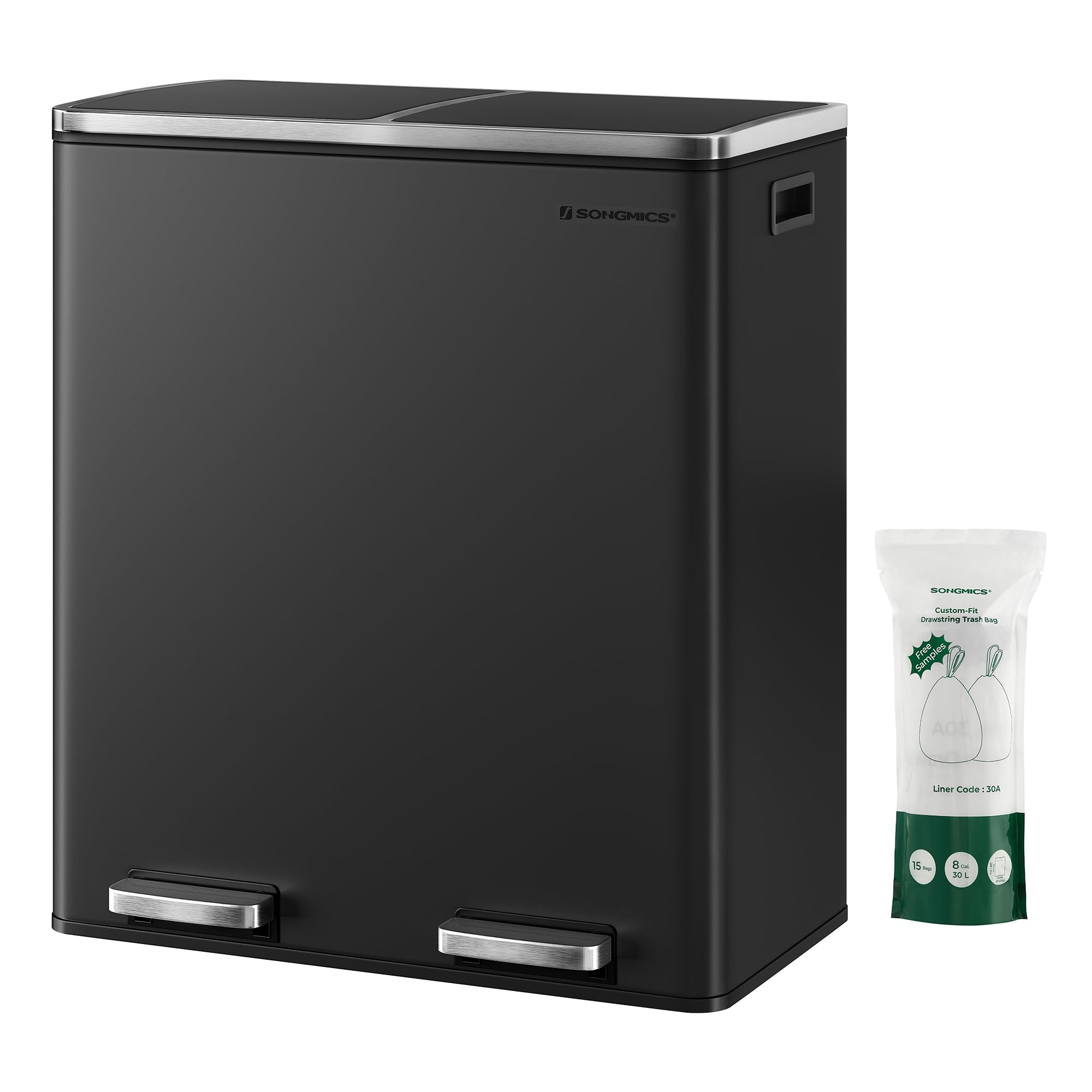 SONGMICS Mülleimer, 2 x 30 Liter, 2 Fächer, Mülltrennsystem, Treteimer, Abfalleimer Küche, 15 Müllsäcke, Metall, Inneneimer aus Kunststoff, Klappdeckel, Softclose, luftdicht, schwarz LTB60BK Angebot bei HelloDeals