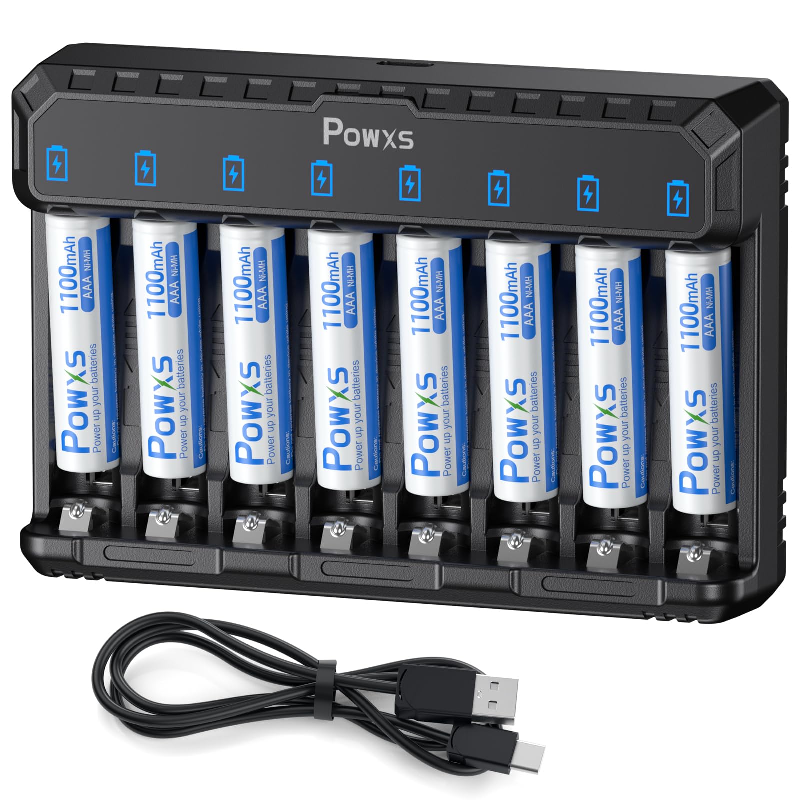 POWXS Akku Ladegerät mit AAA Akku 1100mAh 8 Stück, 8-Ladeplatz Universal Batterie Ladegerät mit LED Anzeige für NI-MH NI-CD Lithium Batterien,8 Wiederaufladbare Akkus AAA USB & Typ-C Eingang 8AAA Angebot bei HelloDeals