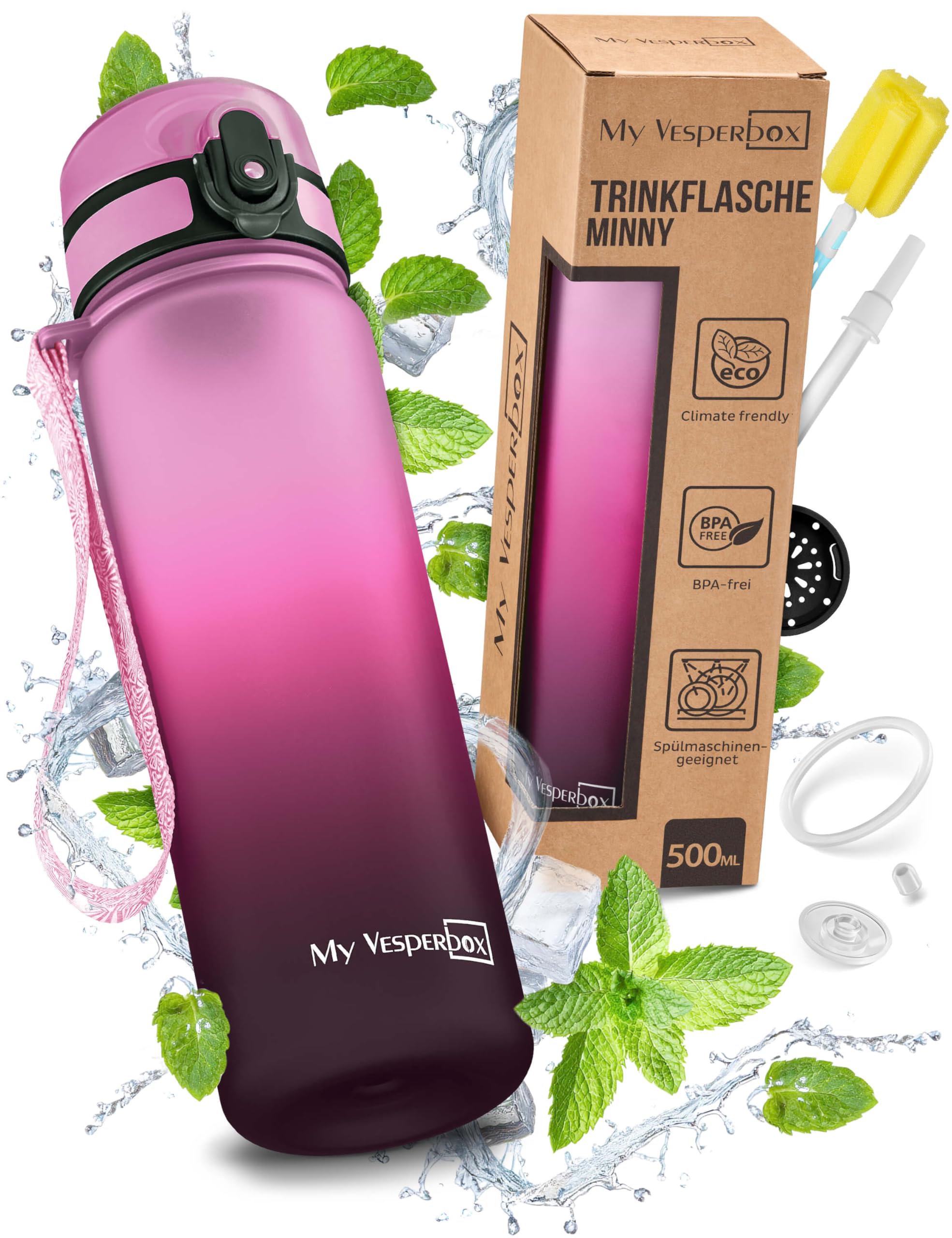 My Vesperbox Minny Kinder-Trinkflasche 500ml – Auslaufsicher & BPA-frei – inkl. Ersatzdichtung, Reinigungsbürste, Fruchtsieb & optionalem Strohhalm – Ideal für Schule, Kindergarten & Sport 500 ml Rose - Lila - Schwarz Angebot bei HelloDeals