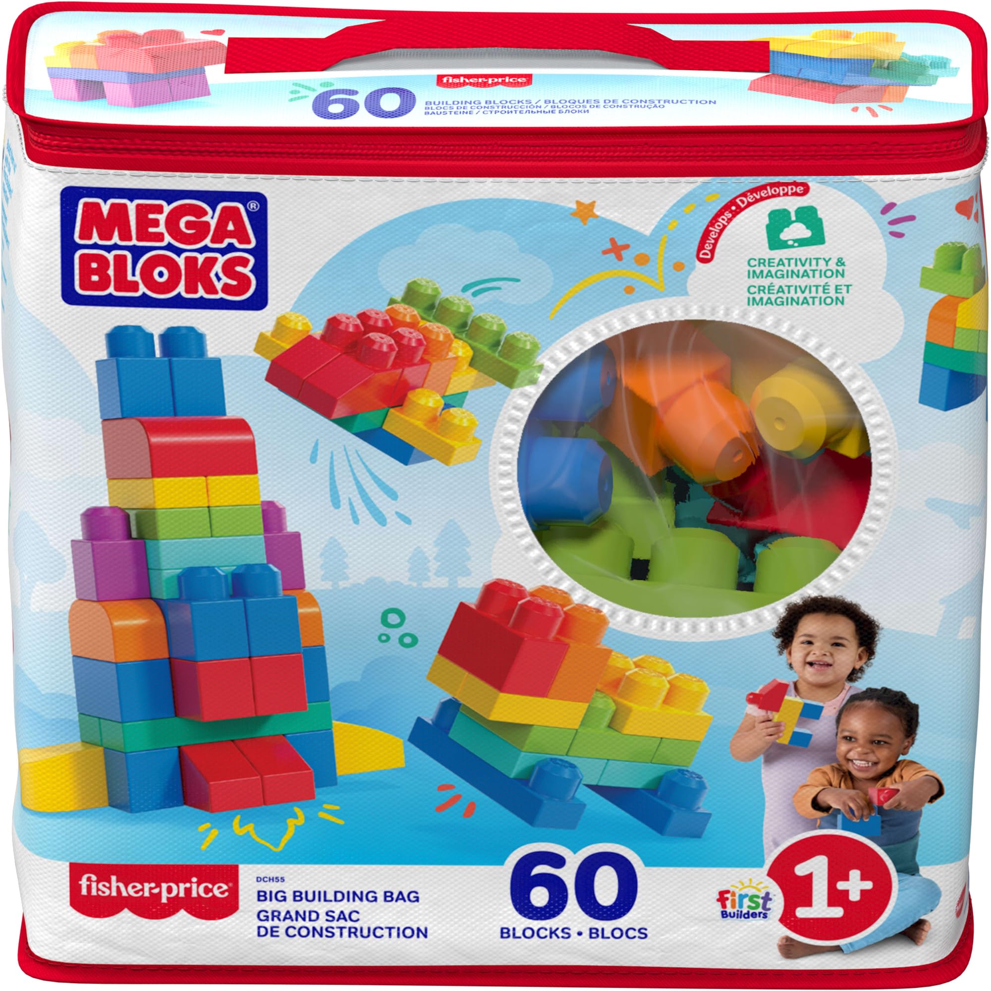 Mega Bloks, Bausteine für Kinder ab 1 Jahr, 60 Bauklötze, mit wiederverwendbarem Aufbewahrungsbeutel, fördert Kreativität und Fantasie, Spielzeug ab 1 Jahr, DCH55 Blauer Beutel Single Angebot bei HelloDeals