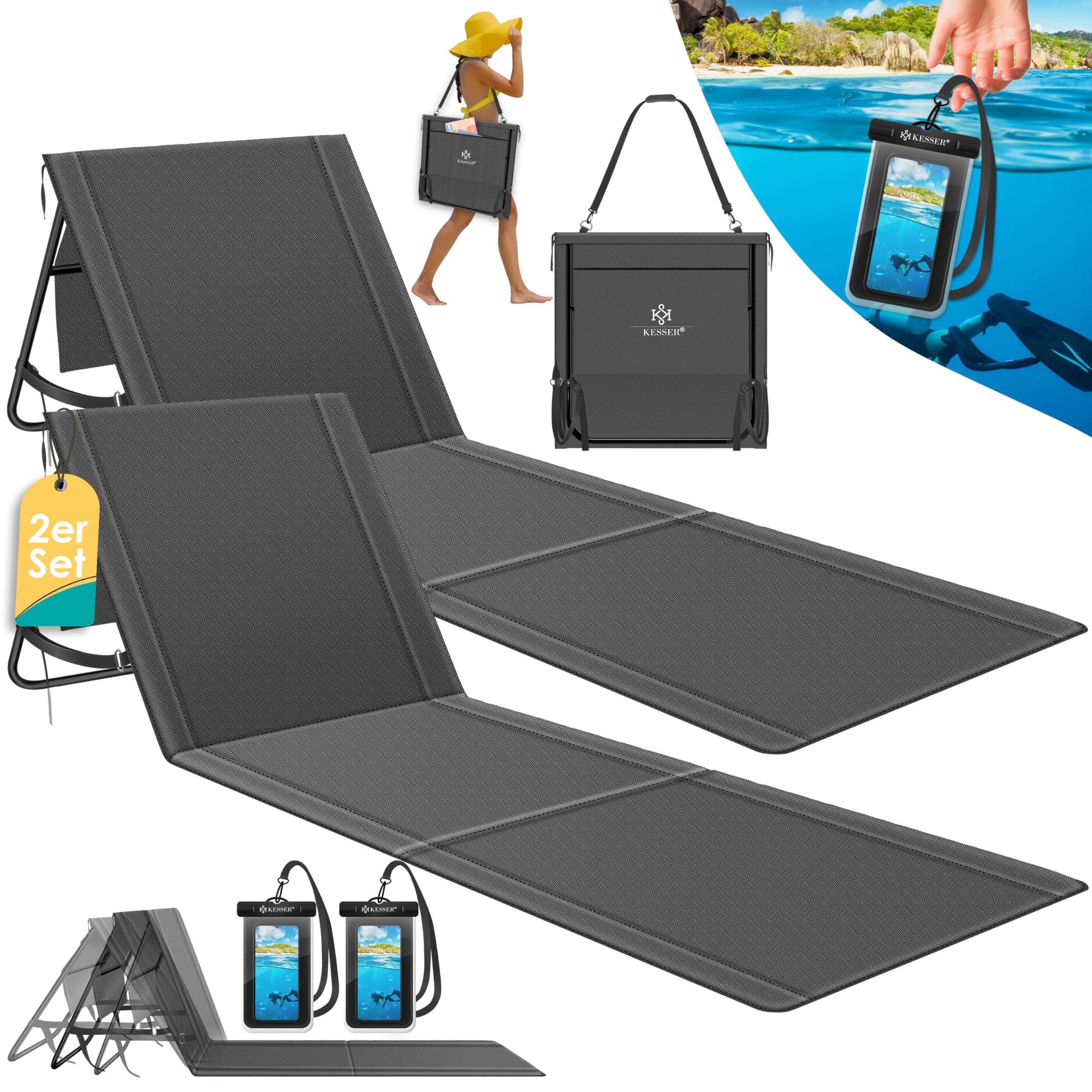 KESSER® 2er Set Strandmatte klappbar mit Verstellbarer Rückenlehne, Tragegurt, wasserdichter Tasche & Aufbewahrung – Faltbare Sonnenliege für Strand, Garten & Terrasse je 130 kg belastbar 2 Stück Anthrazit Angebot bei HelloDeals