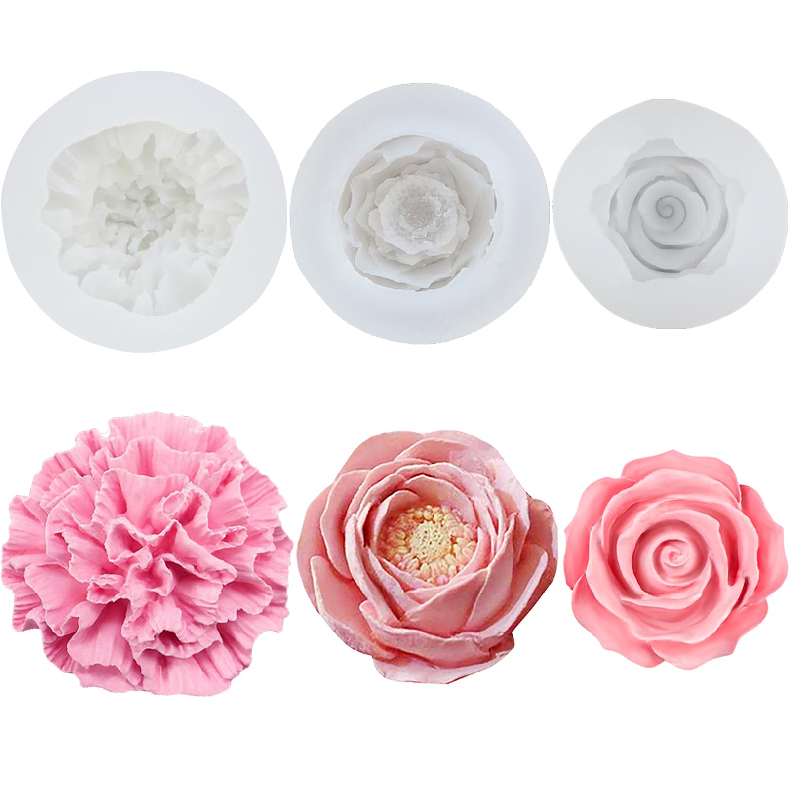 pekifaves 3 Stück Blumen Kerzen Silikonformen, Rosen Nelke Pfingstrose 3D Silicone Kerzenform, Silikonformen Gießformen Kerzen Kleine Blumen, DIY Herstellung, Gebäck 3Pcs Flowers Angebot bei HelloDeals