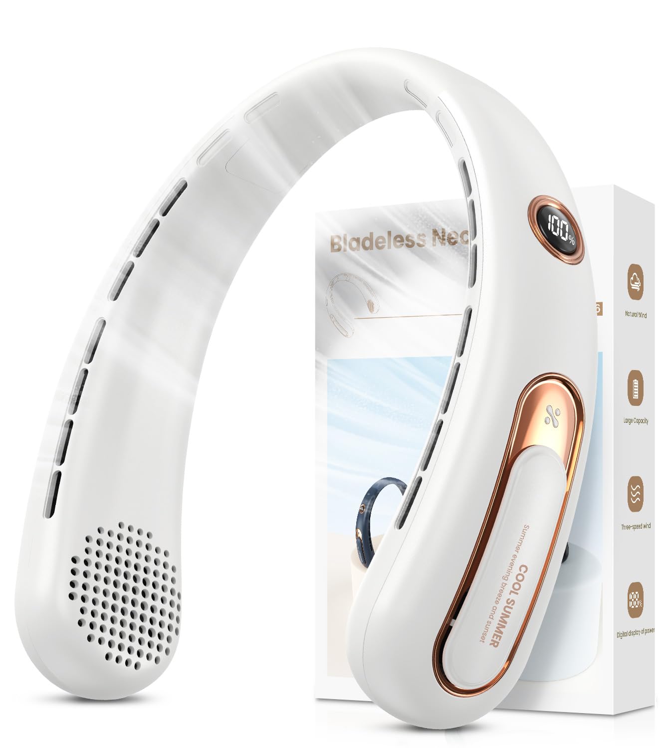 Nackenventilator, 3 Stufen Leise und Leistungsstark Bladeless Halsventilator mit LED-Anzeige, 4000mAh Akku Ventilator USB Aufladbar für 15H, Freihändige Leicht Ventilator Tragbarer für Küche,Unterwegs Weiß Angebot bei HelloDeals