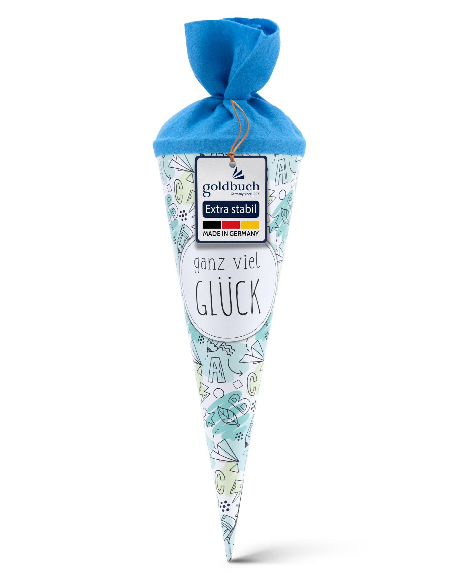 goldbuch 93 216 Geschwistertüte ganz viel Glück, Schultüte mit Skizzen-Muster, Lackkarton, Geschenkverpackung mit blauem Filzverschluss (ohne Verschlussband), Zuckertüte rund, Länge 35 cm, Ø 11,5 cm Türkis Schule Angebot bei HelloDeals