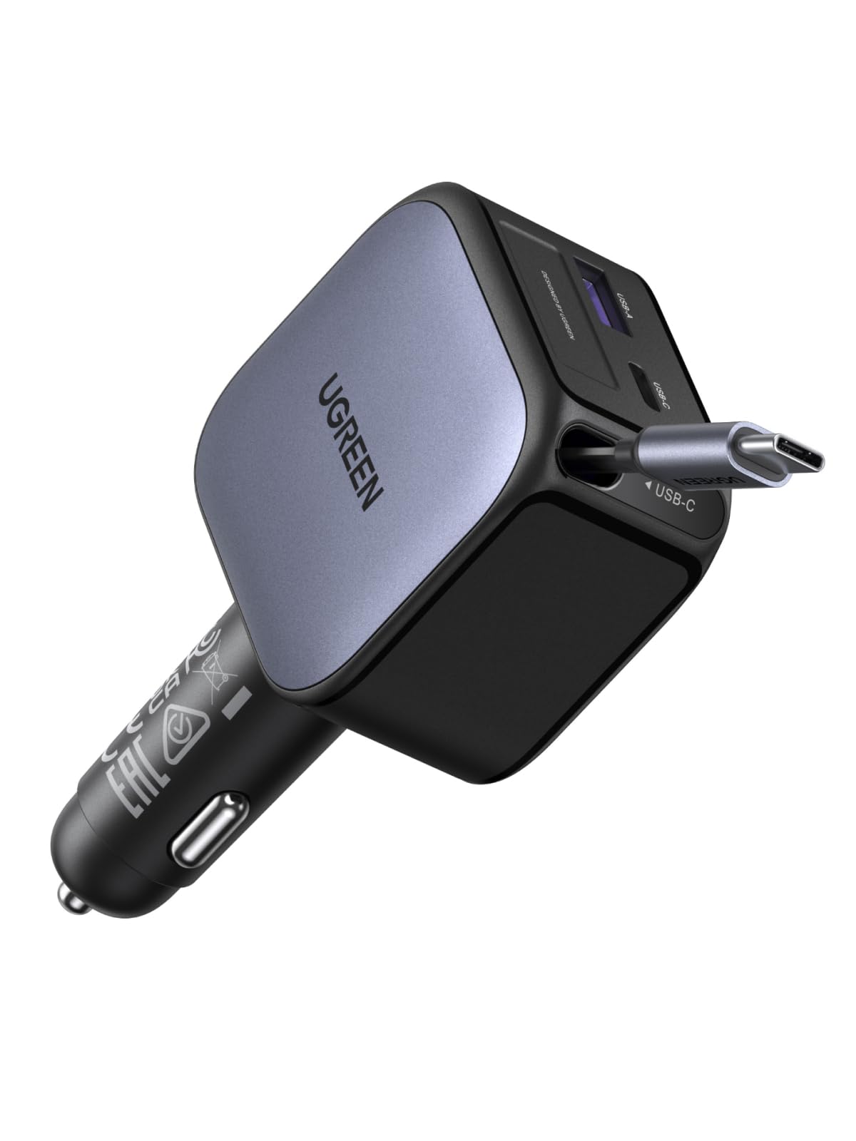 UGREEN Nexode 60W 3-Port Zigarettenanzünder USB-C Ausziehbares Auto Ladegerät 30W integriertes USB C Kabel Auto zubehör Auto KfZ 12V Adapter für iPhone 16/15, Galaxy S25/24, GPS usw. Angebot bei HelloDeals