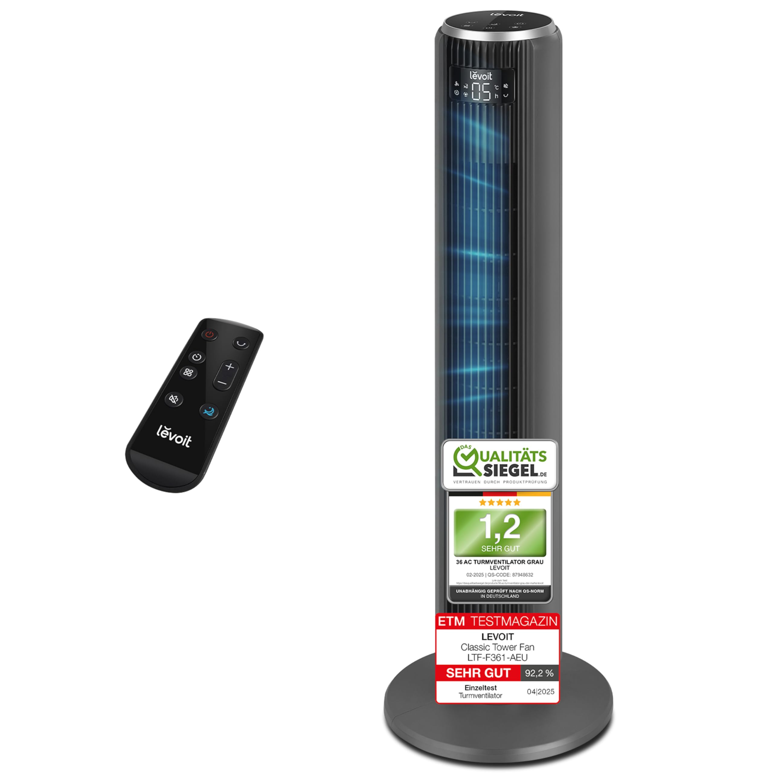 Levoit - Ventilator Leise - Turmventilator mit Kühlung - Tower Fan mit Fernbedienung - Oszillierender Säulenventilator mit Fortschrittlichem Schlafmodu - 5 Geschwindigkeiten 4 Modi 12Std Timer - Grau Intelligentes Schlafmodus Mattgrau Höhe 92 cm Angebot bei HelloDeals