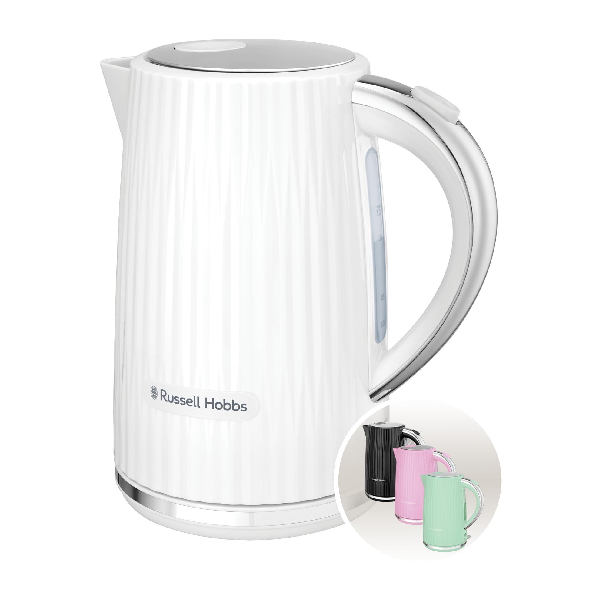 Russell Hobbs Wasserkocher [1,7L 2400W] Eden Weiß, Edelstahlakzente (herausnehmbarer Kalkfilter, Deckelöffnung per Knopfdruck, Wasserstandsanzeige, leuchtender Schalter, BPA frei) Teekocher 27360-70 1.7 Liter Weiß Angebot bei HelloDeals