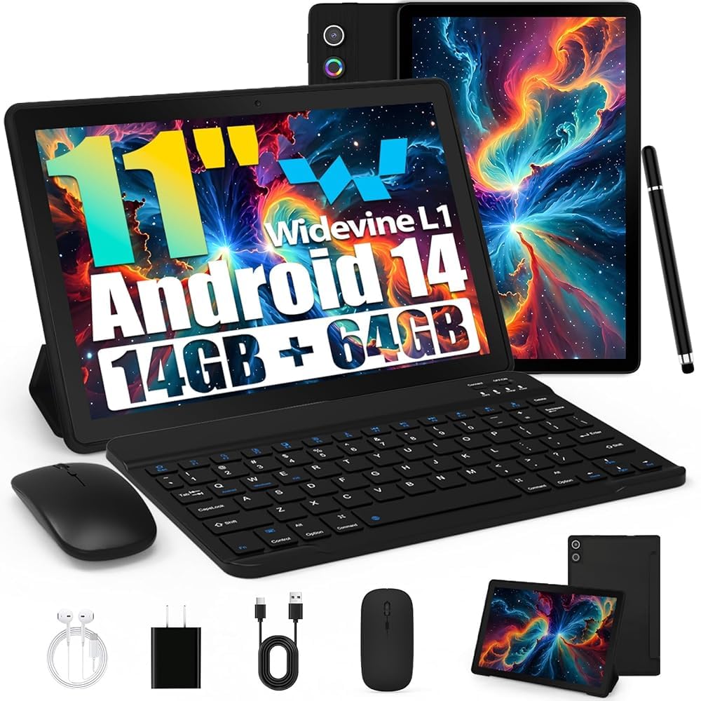 Tablet, Android Tablet 11 Zoll mit 14GB RAM + 64GB ROM (1TB TF), Octa-Core, Widevine L1, WiFi 6 & BT 5.3, 6800mAh Akku, Dual Kamera – Tablet mit Tastatur, Maus, Stift & Hülle Schwarz Angebot bei HelloDeals