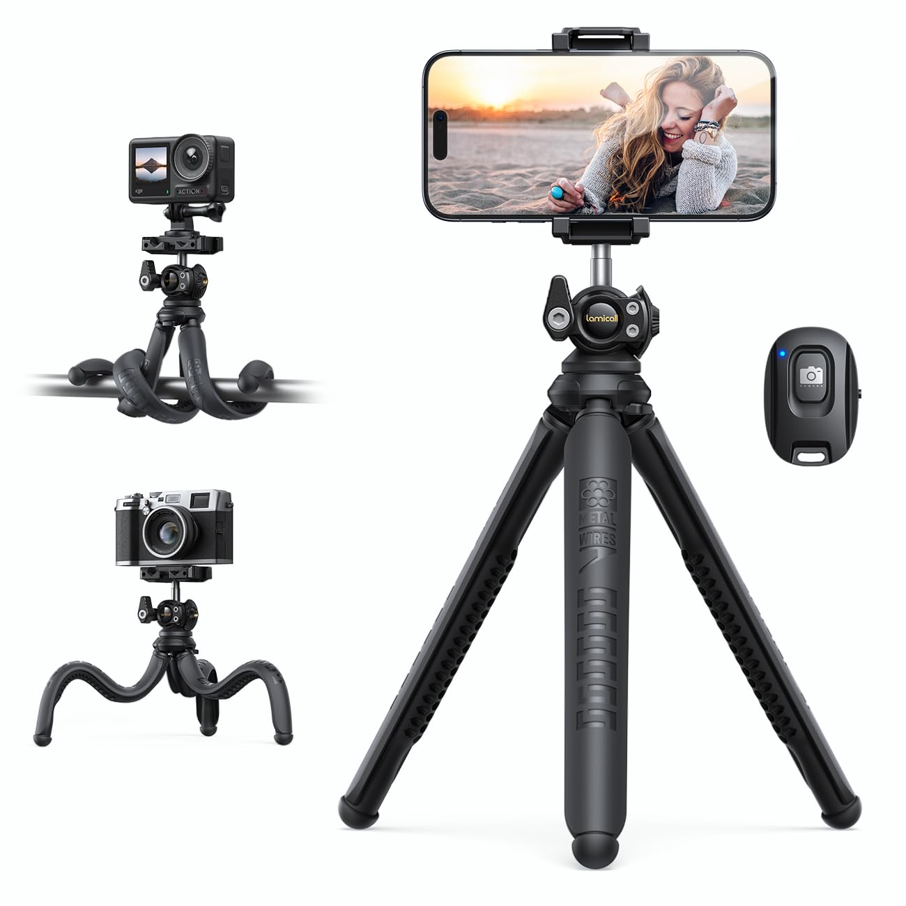 Lamicall Handy Stativ, Mini Stativ Halter - Flexible Handy Halterung Tripod für Smartphone & Kamera, 360° Pocket Tripod mit Kabelloser Fernbedienung, Handystativ für iPhone 16/15/14/13, GoPro, Samsung 3 IN 1 -Schwarz Angebot bei HelloDeals