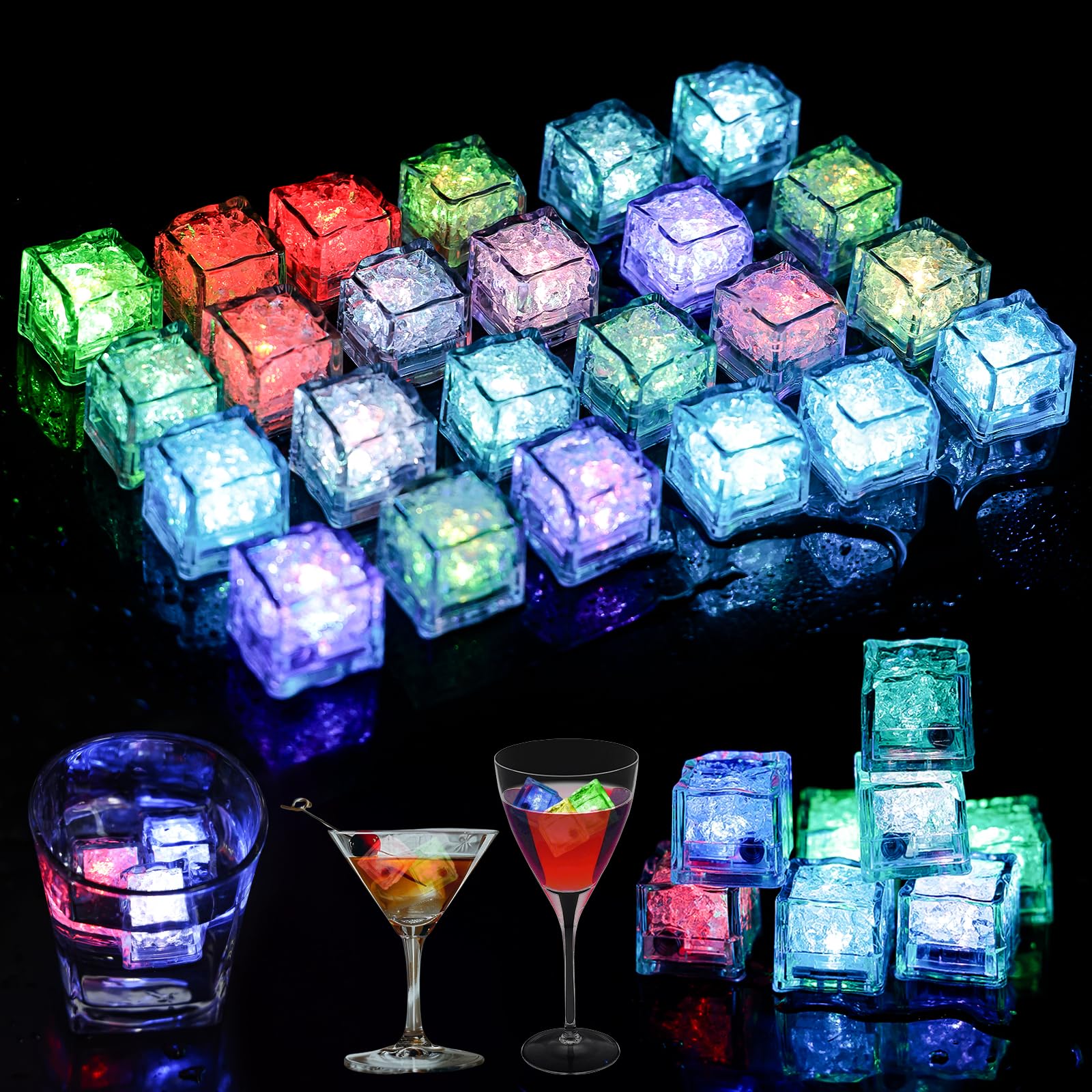 24 Stück LED Eiswürfel: Wiederverwendbar Flash LED Ice Cube, Leuchtende Eiswürfel mit Led Licht, Blinkende Eiswürfel mit Licht, Bunte Eiswürfel Leuchtend für Hochzeit, Party, Bar und Club Angebot bei HelloDeals