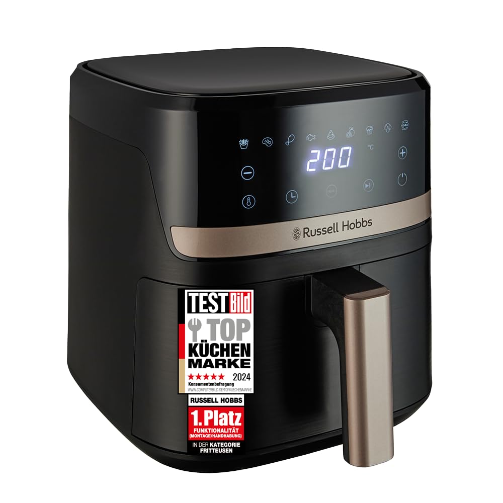 Russell Hobbs Heißluftfritteuse L 4,3L Rapid AirFryer [sehr kleines Gehäuse, sehr leise, 9 Programme] SatisFry (spülmaschinenfest, Fritteuse ohne Öl, TouchScreen, Grillen, Backen, Braten etc) 27610-56 Angebot bei HelloDeals